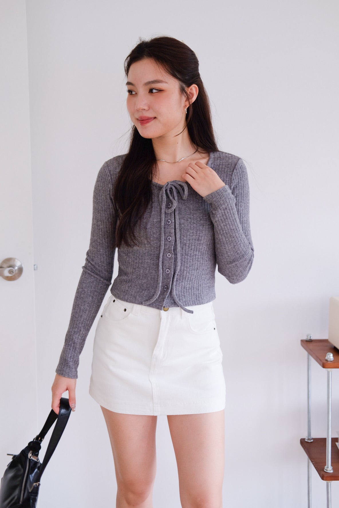 Coco Ribbon Long Sleeve Knit Top (Grey)