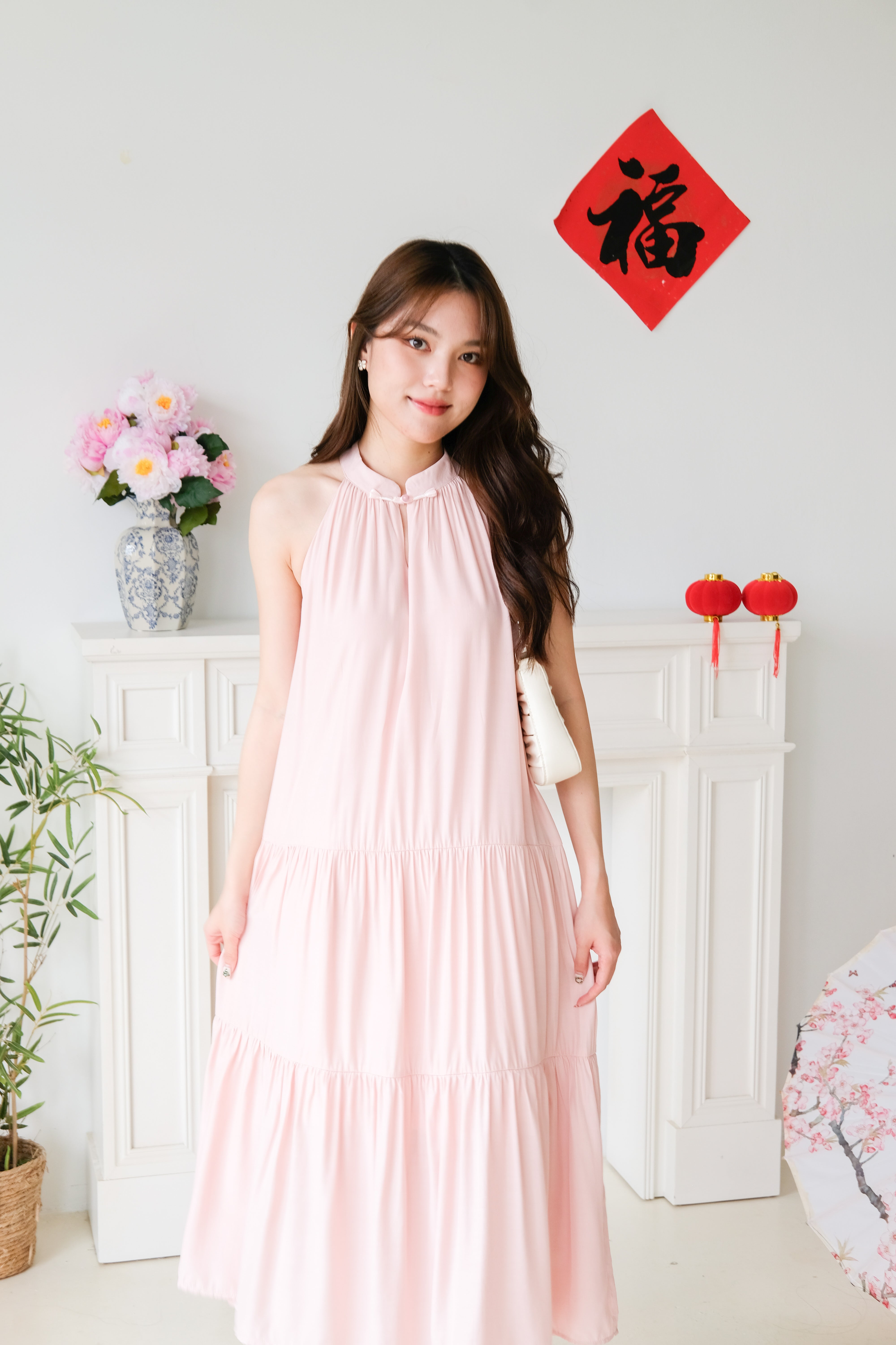 Qi Mandarin Collar Babydoll Tiered Dress (Peach Pink)