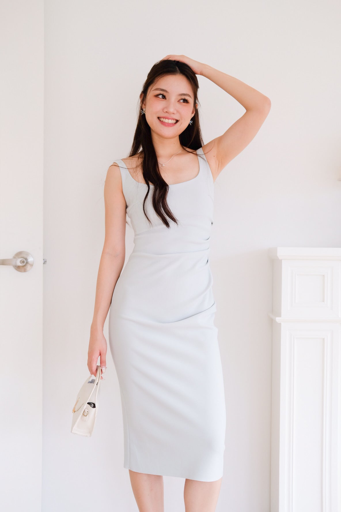Claude Ruched Slim Fit Midi Dress (Light Sage)