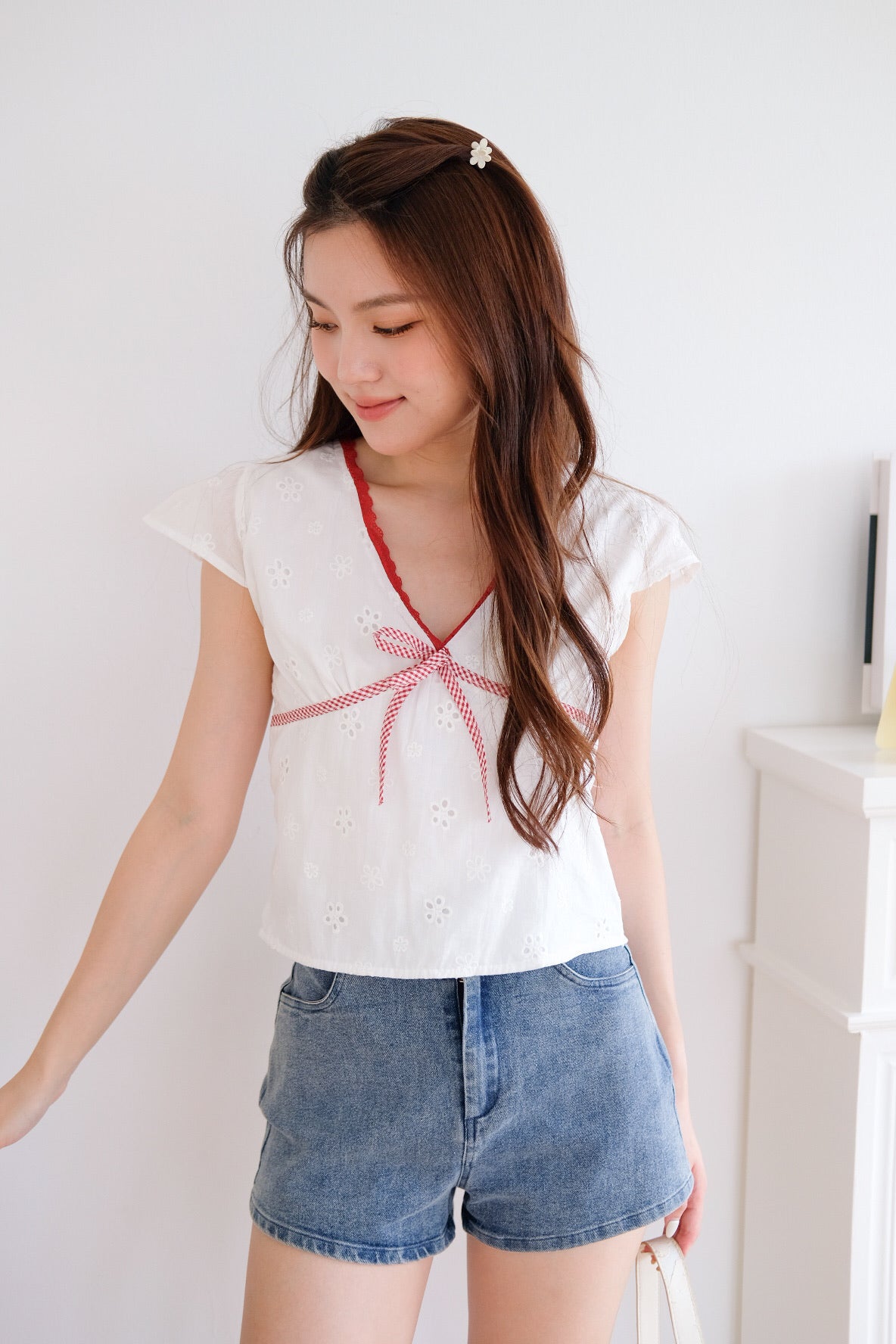Joyce Eyelet Contrast Ribbon Top (White)