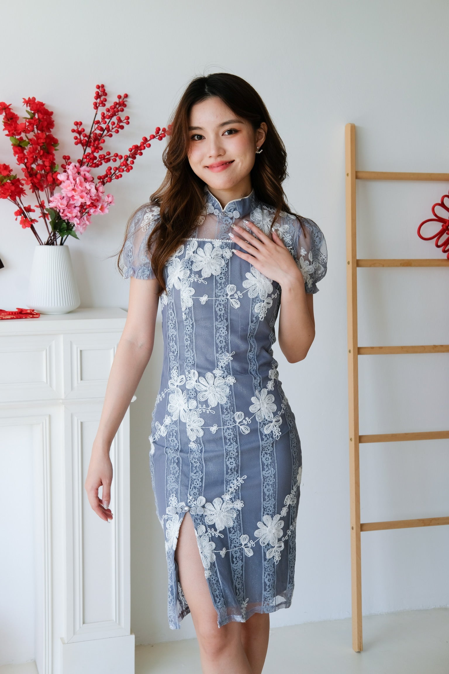 Huey Lace Cheongsam Dress (Dusty Blue)