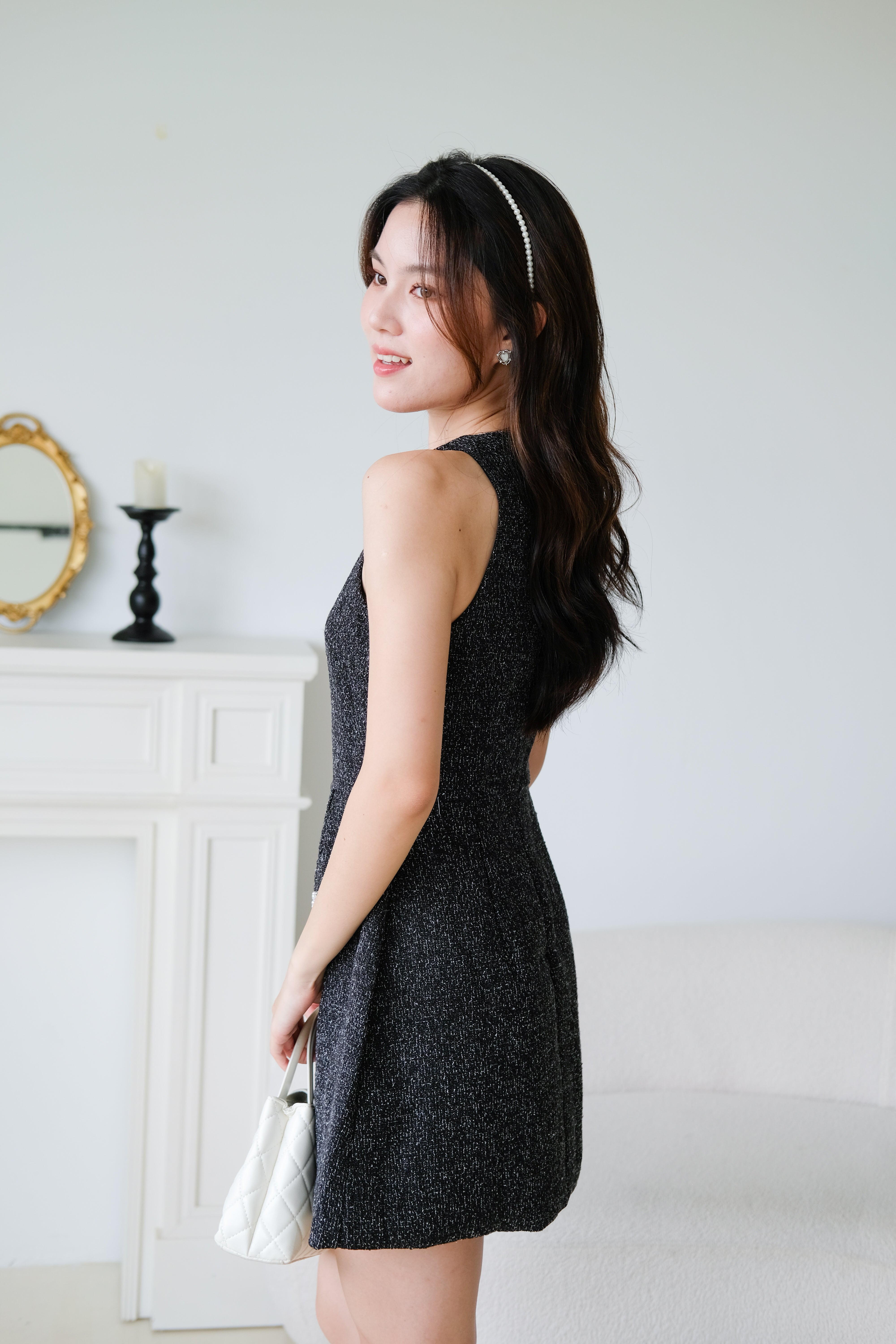 Pearly Tweed Halter Dress (Black)