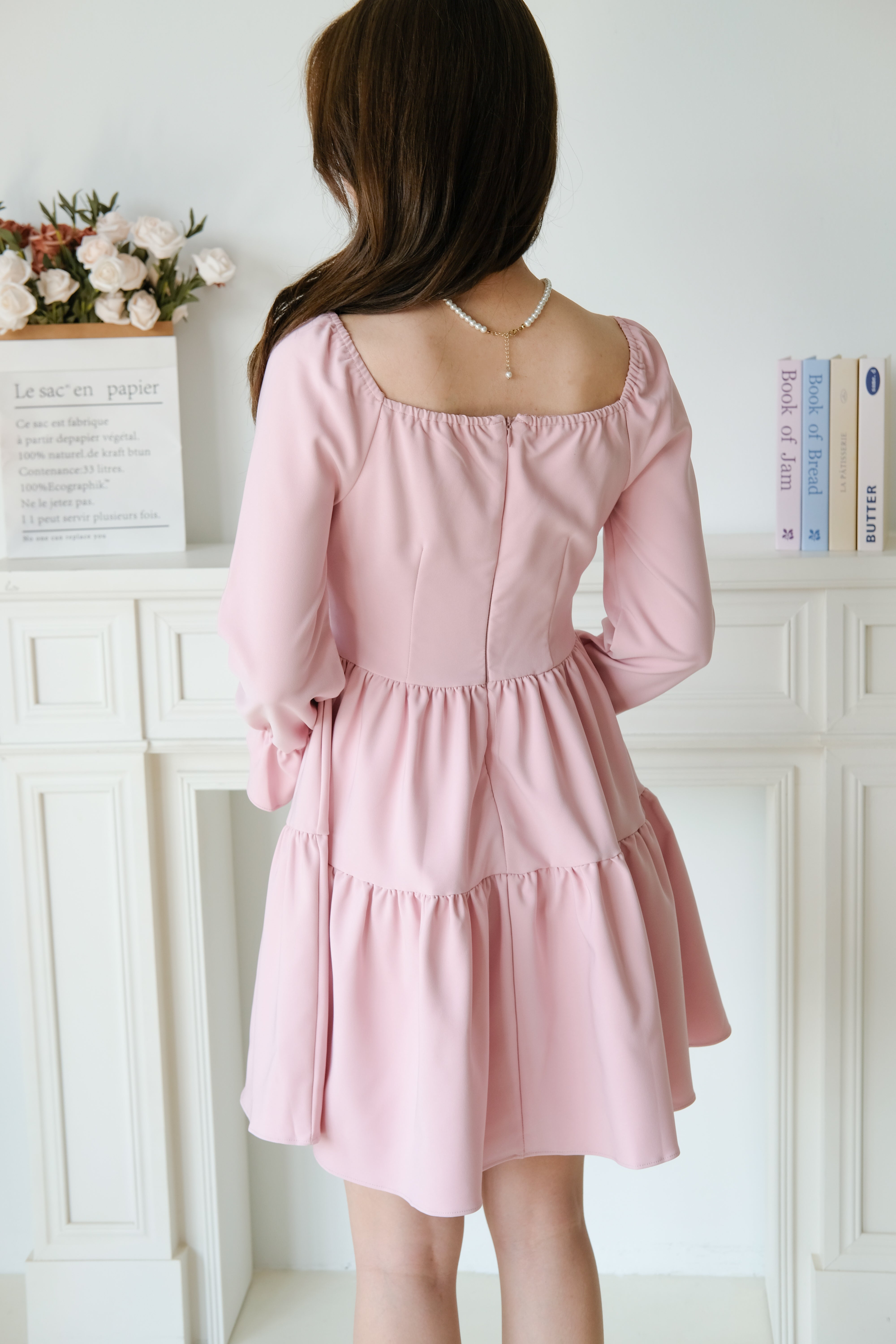 Destiny Ruched Long Sleeves Dress (Pink)