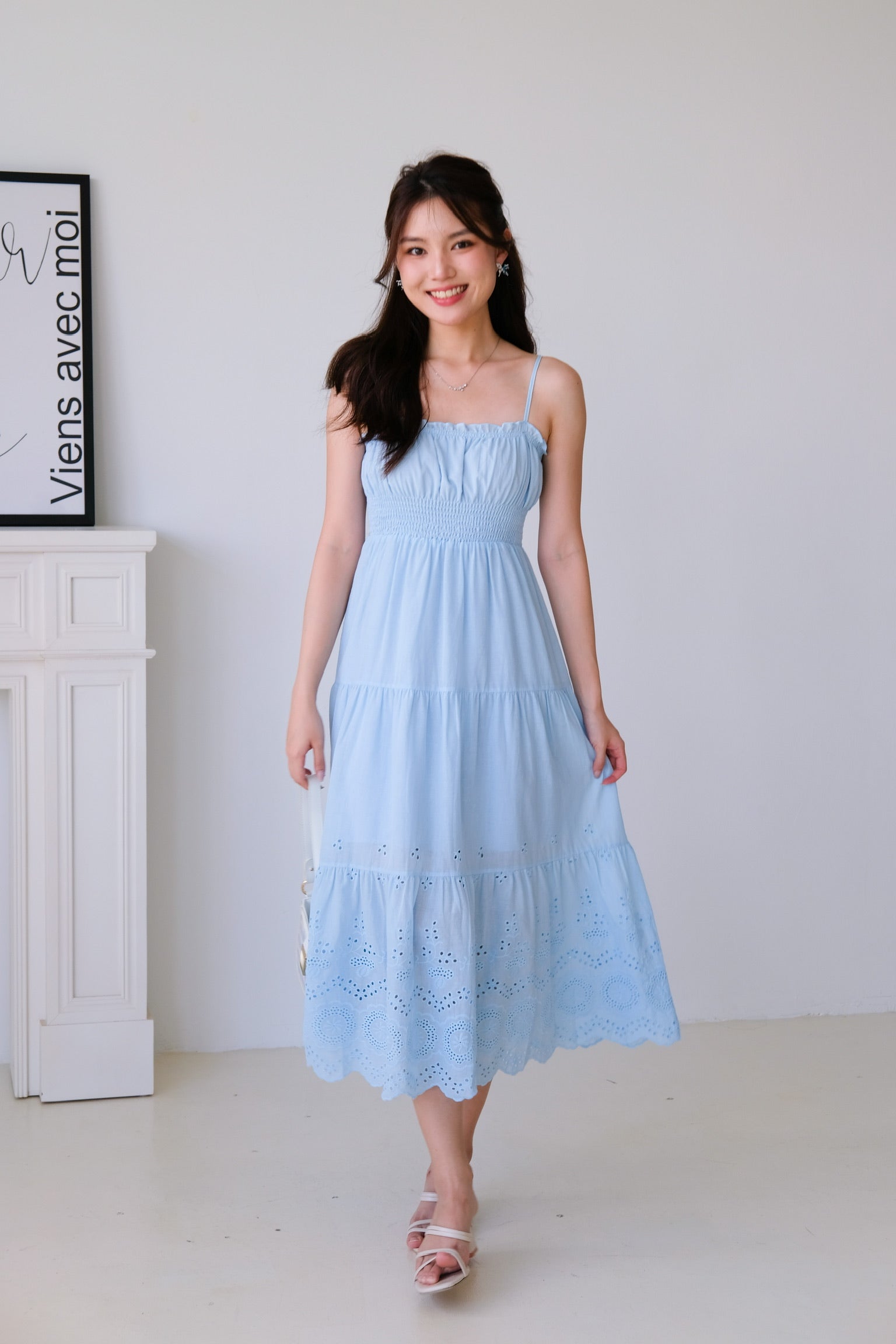 Adelaide Smocked Eyelet Maxi Dress (Sea Blue)