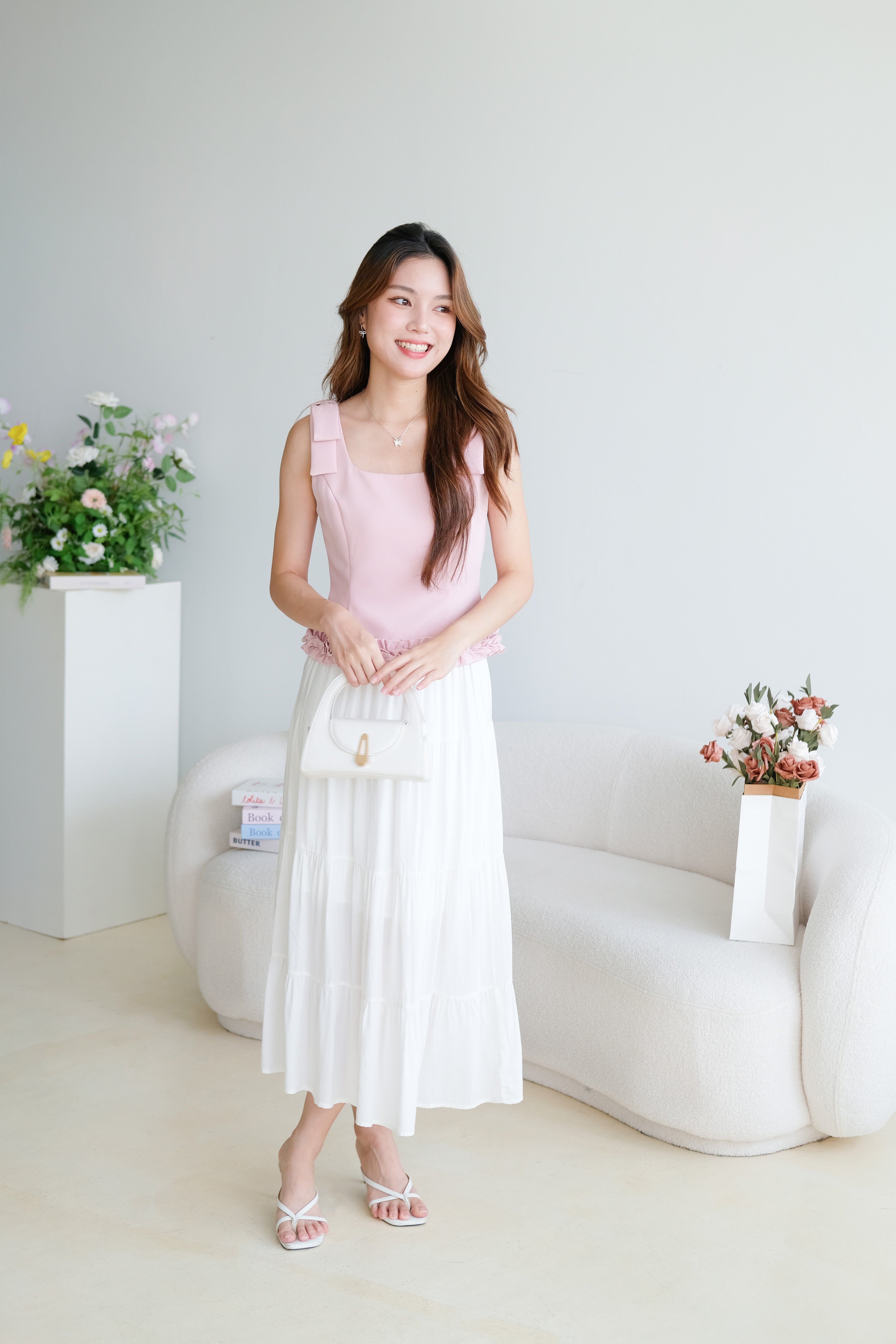 Cecilia Bow Straps Ruffle Top (Dusty Pink)