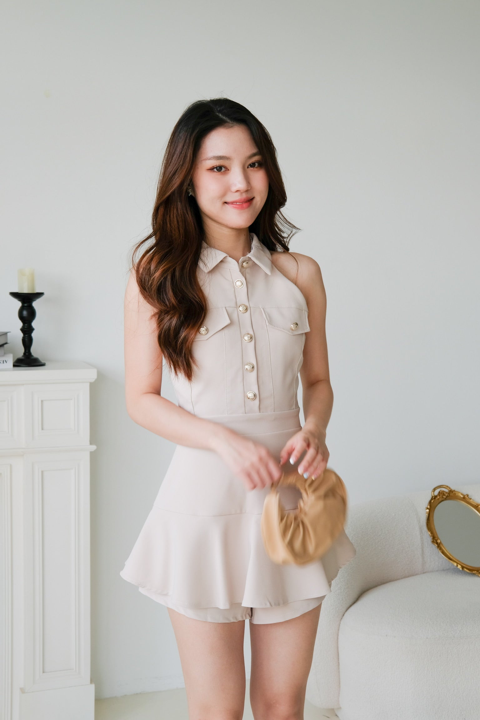 Dionne Gold Button Collared Romper (Oat Beige)