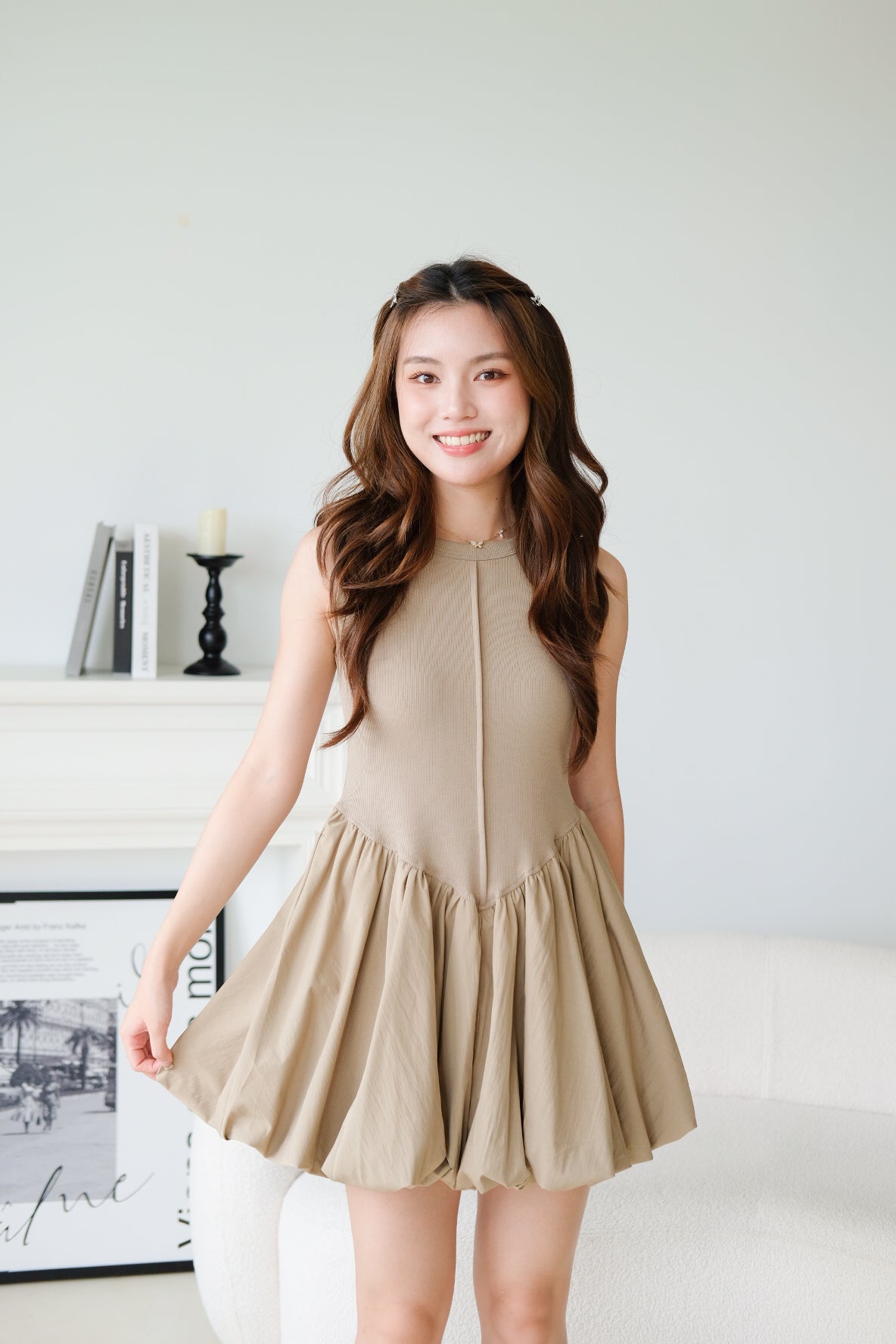 Carmen Ribbed Bubble Dress (Olive)