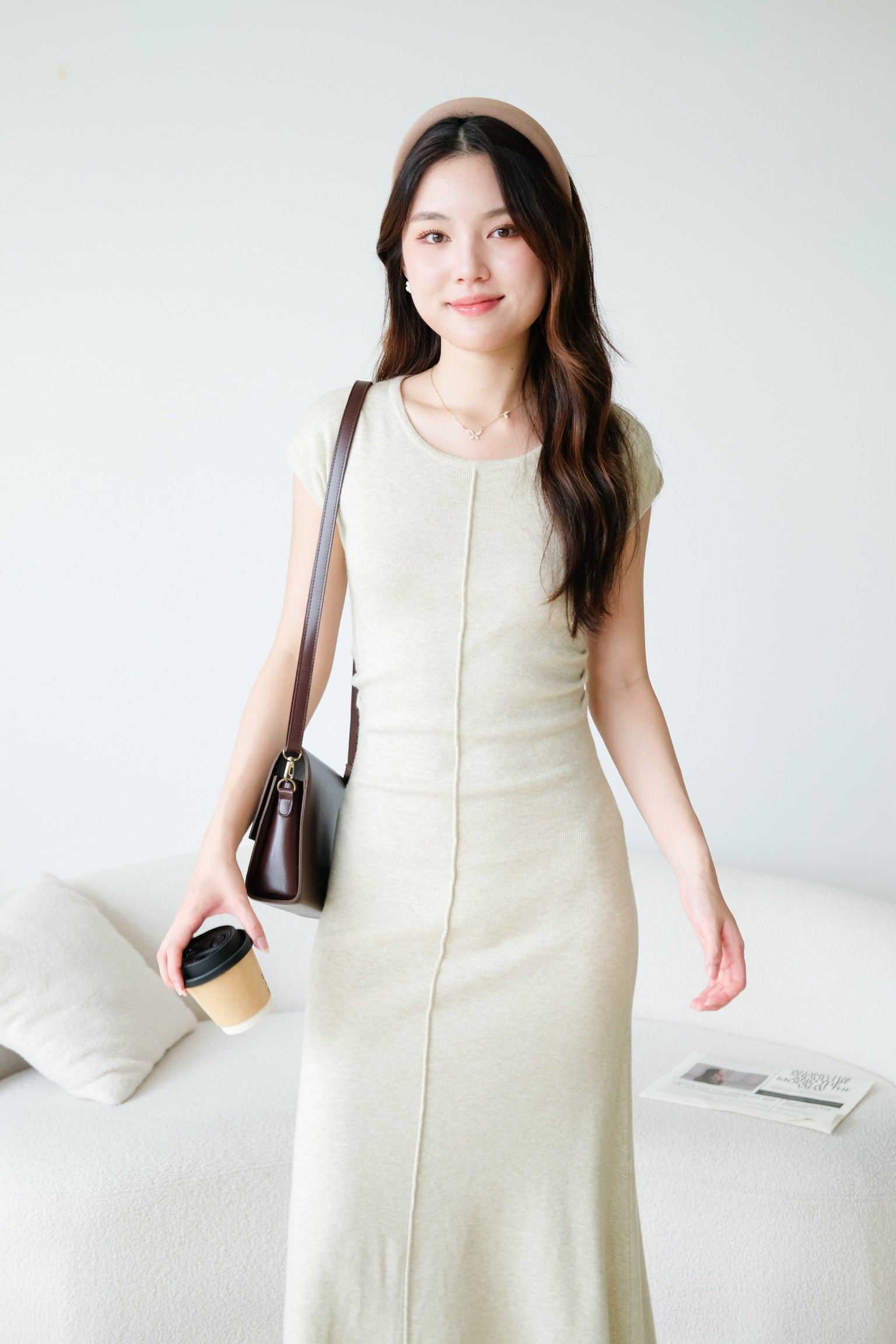Samantha Crew Neck Knit Maxi Dress (Wheat Beige)