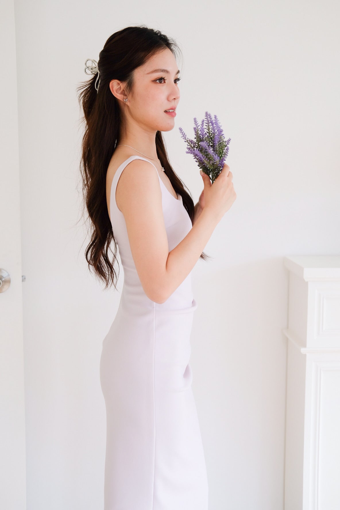 Claude Ruched Slim Fit Midi Dress (Pastel Purple)