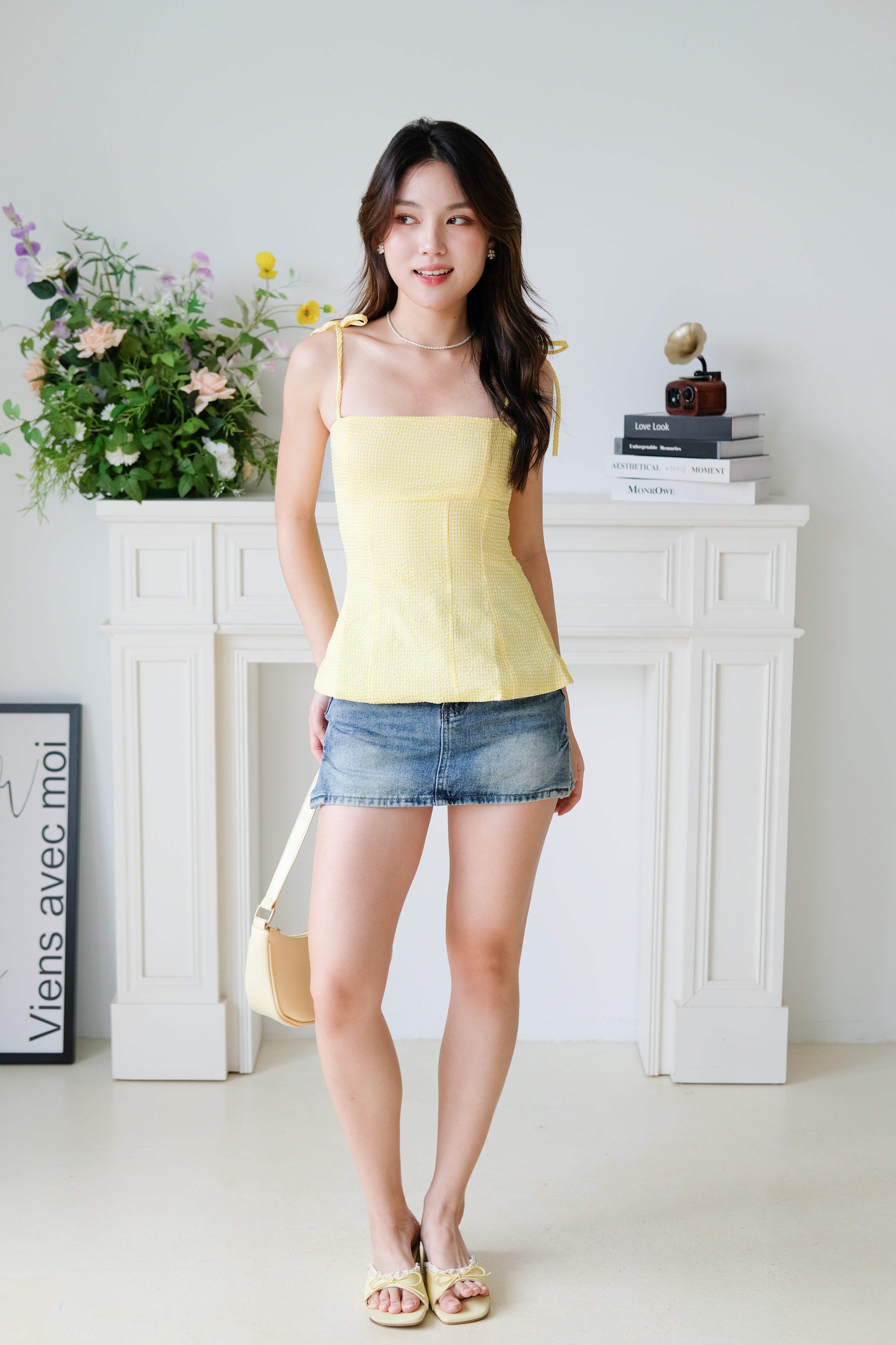 Marilyn Self Tie Ribbon Top (Gingham Yellow)