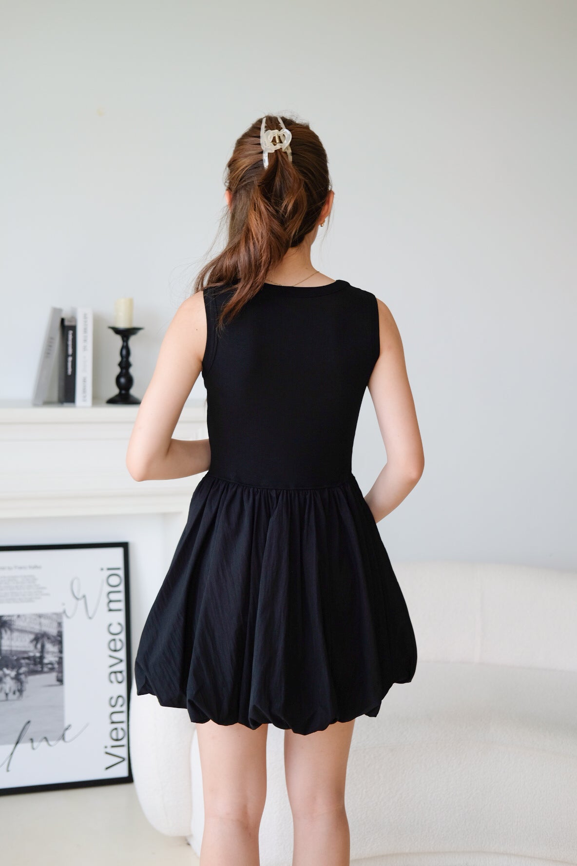 Carmen Ribbed Bubble Dress (Black)