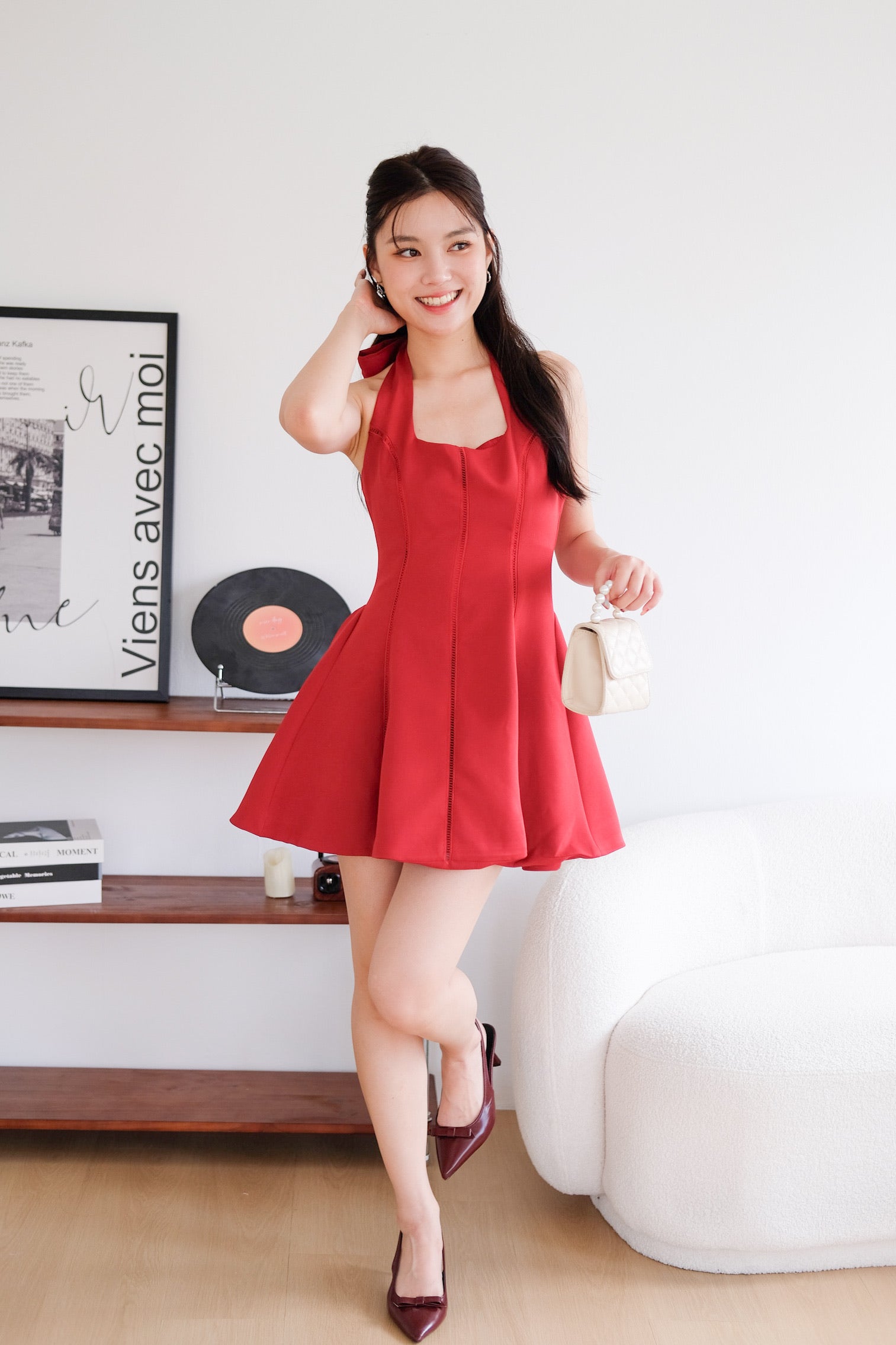 Violette Self Tie Halter Skater Dress (Red)