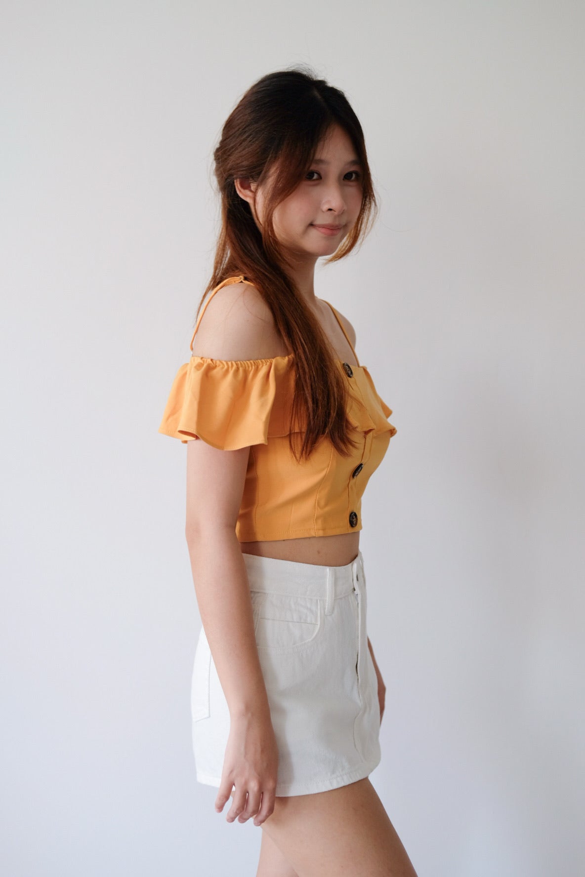 Orange Ruffle Strap Off-Shoulder Top