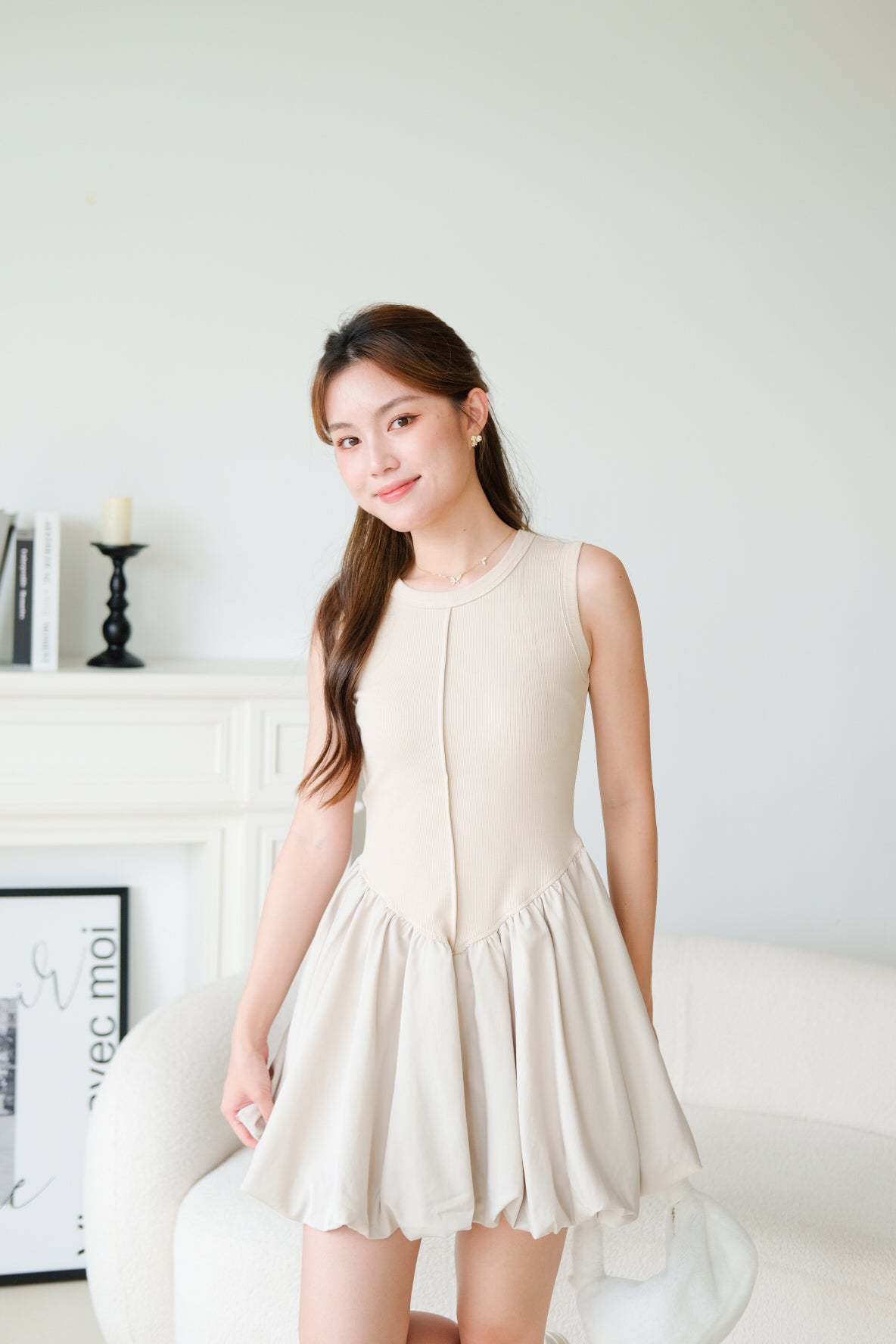 Carmen Ribbed Bubble Dress (Ecru)