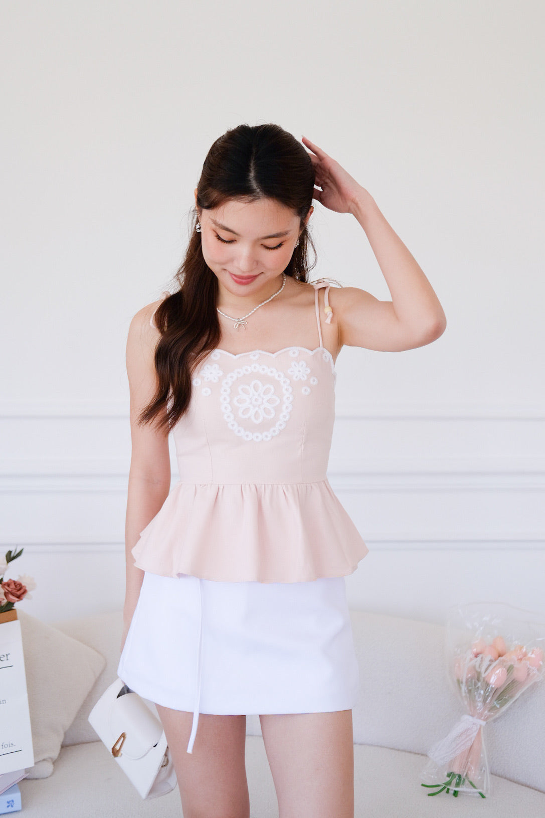 Lyanne Eyelet Linen Peplum Top (Light Pink)