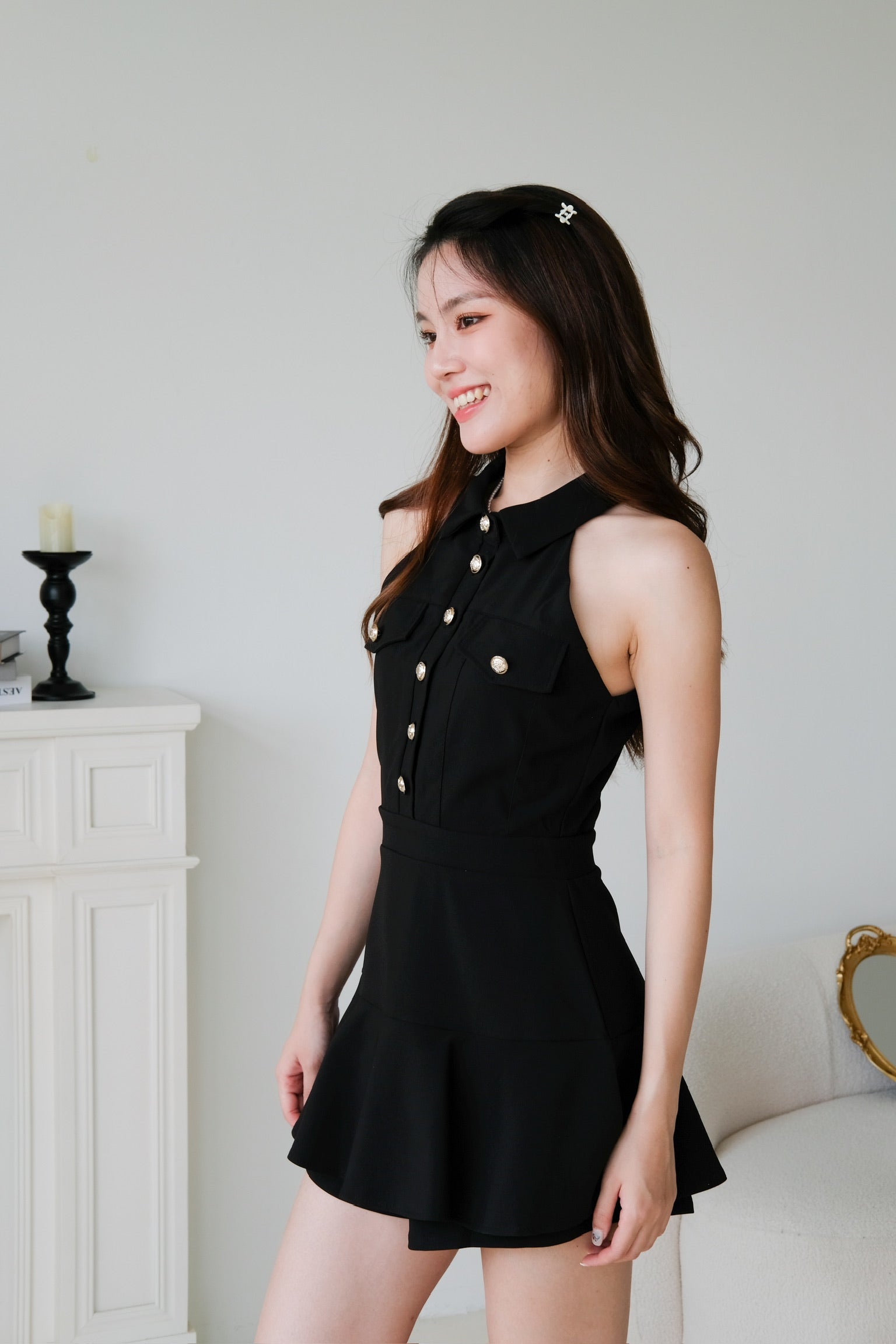 Dionne Gold Button Collared Romper (Black)