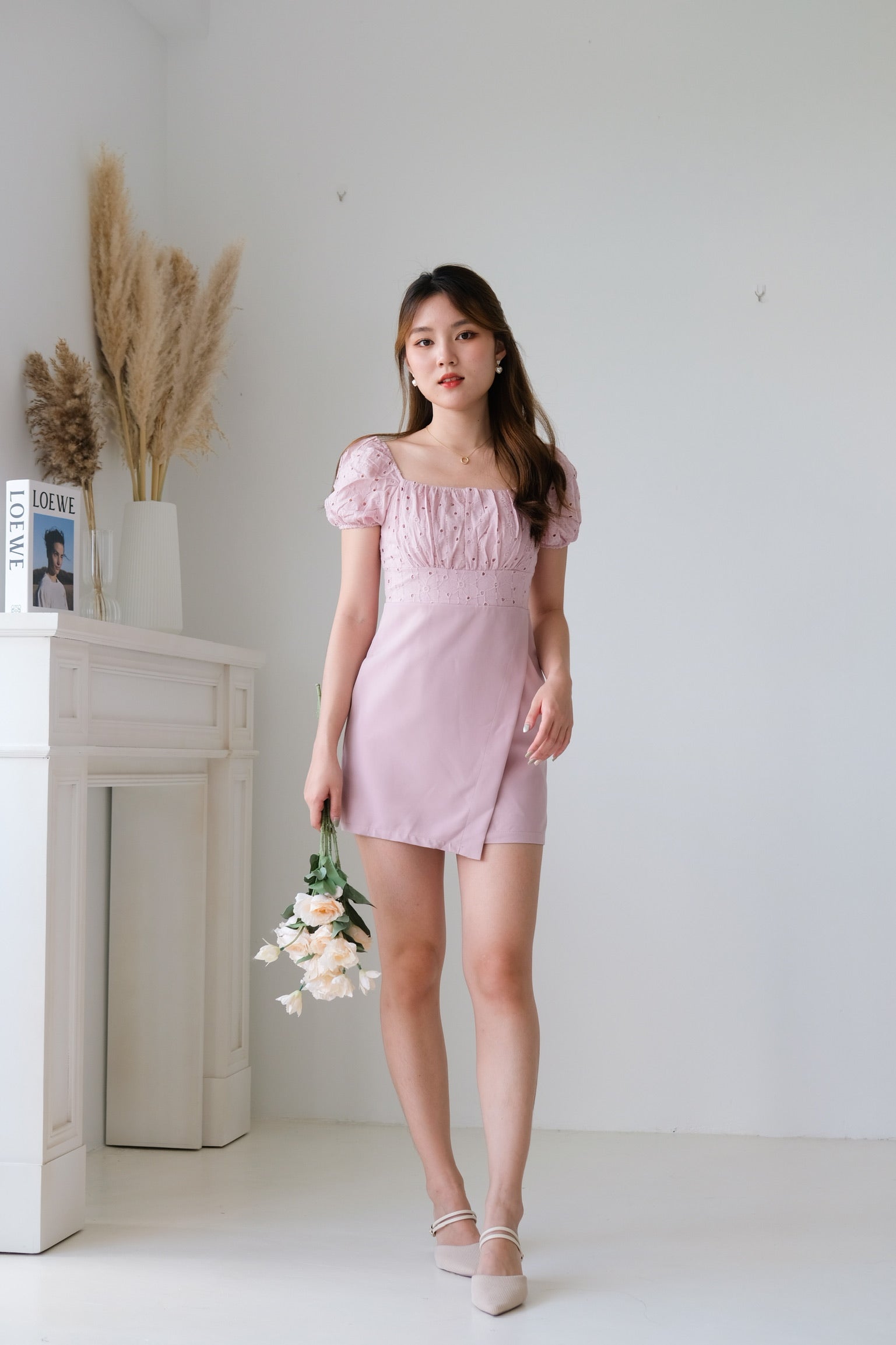 Kathryn Crochet Ruched Dress (Dusty Pink)