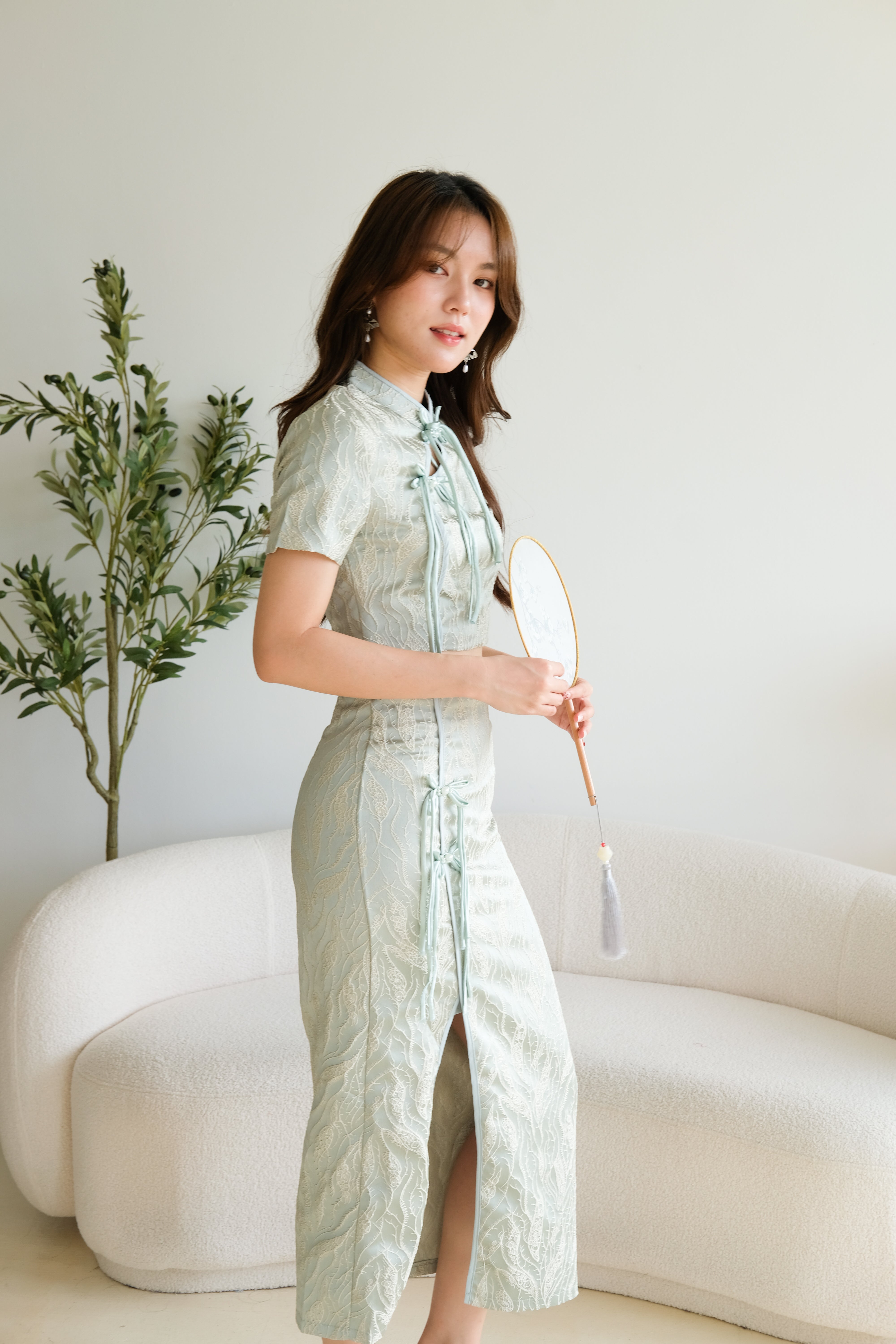 Ying Modern Midi Cheongsam Set (Light Pine Green)