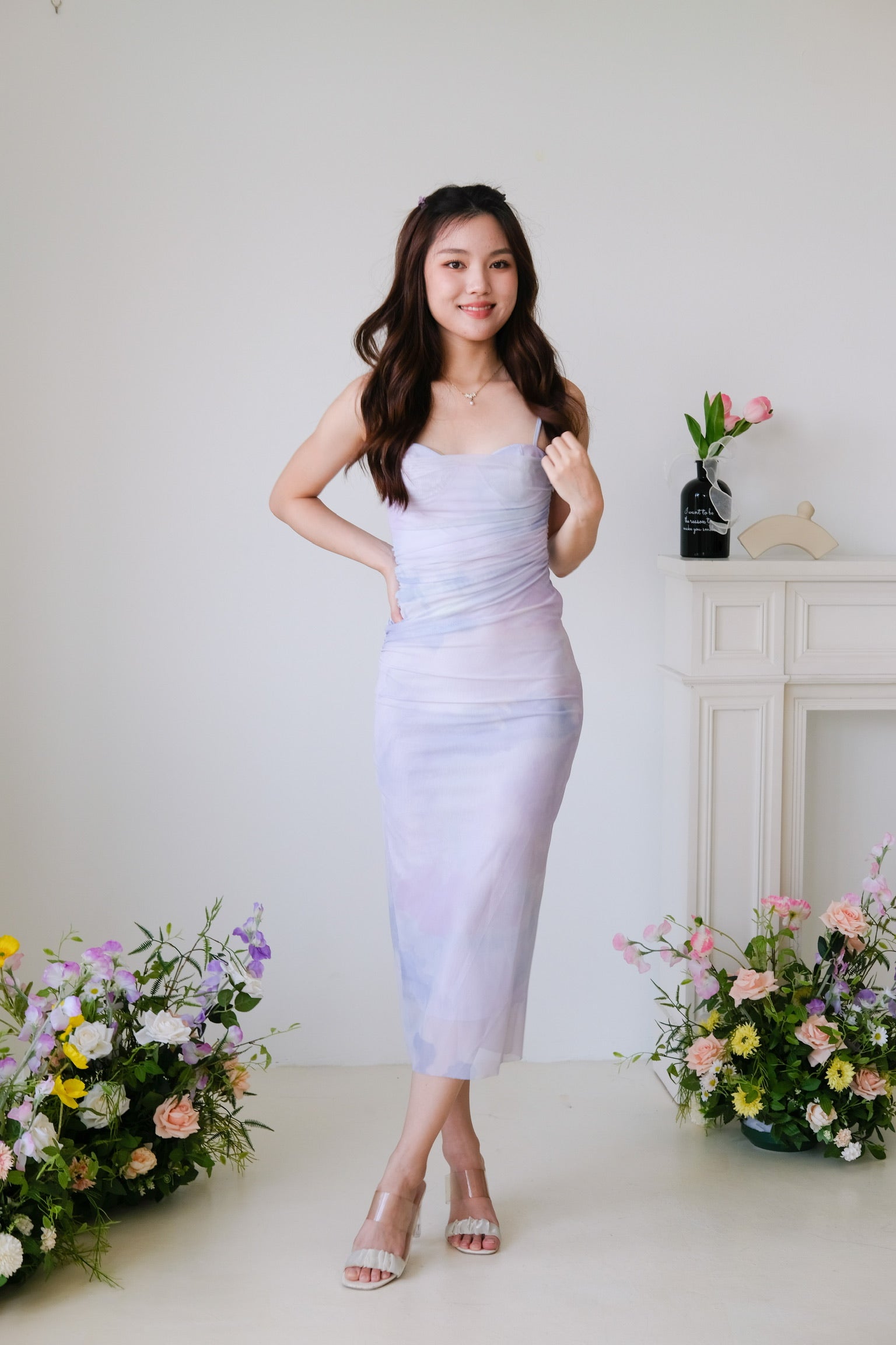 Lindsay Ombre Cowl Mesh Dress (Light Lavender)