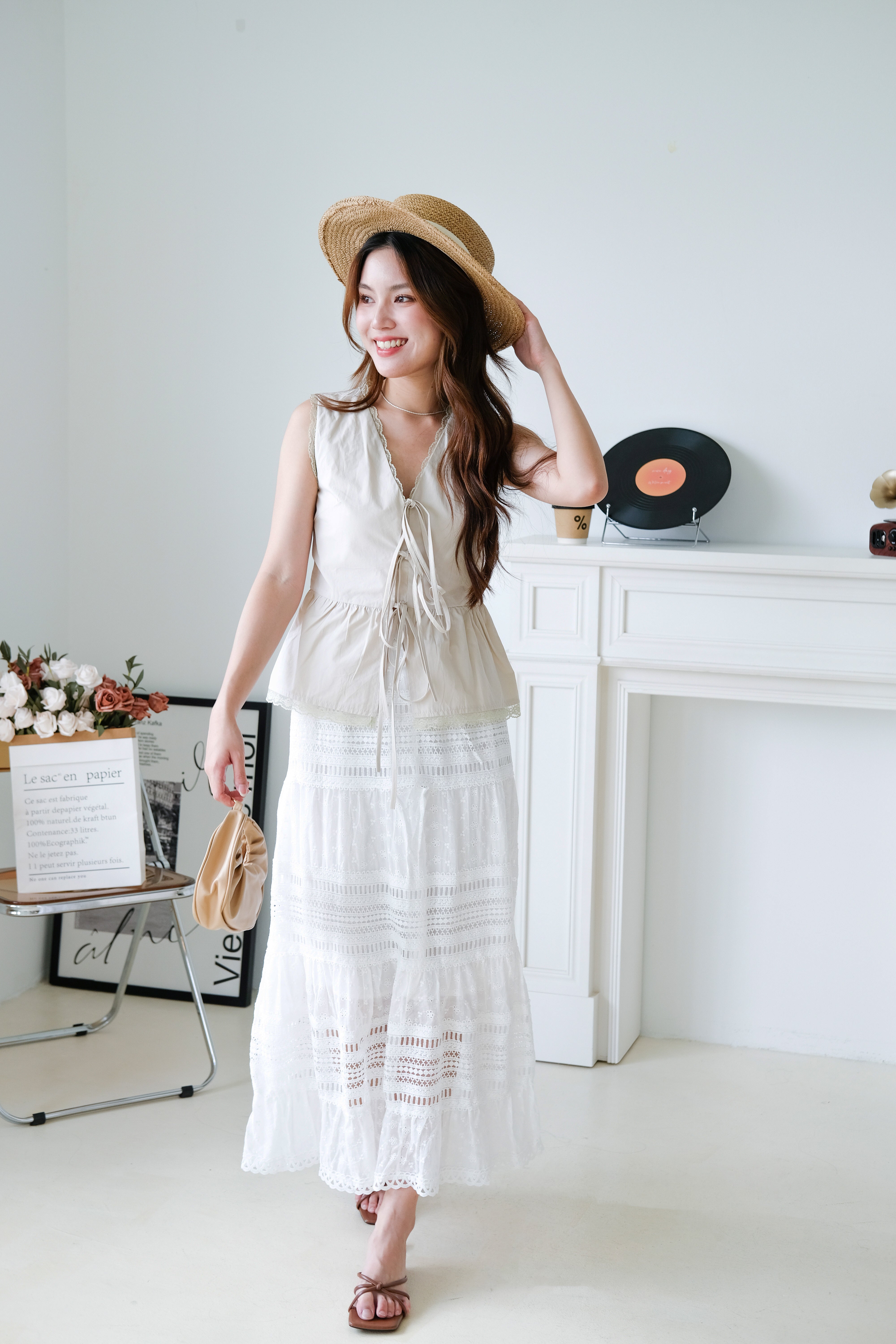 Jeanne Lace Drawstring Peplum Top (Taupe)