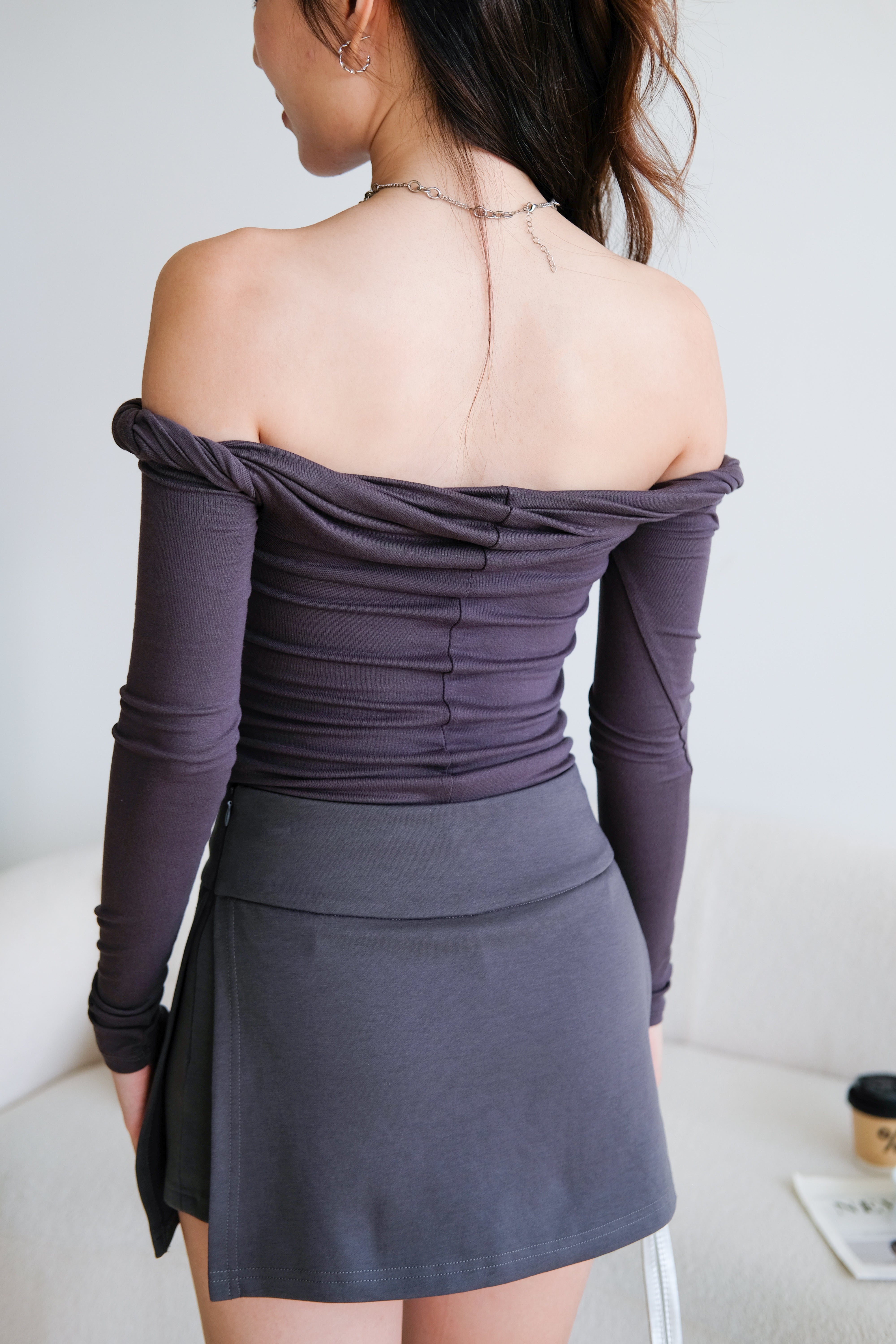 Level Up Twist Off Shoulder Top (Steel Grey)