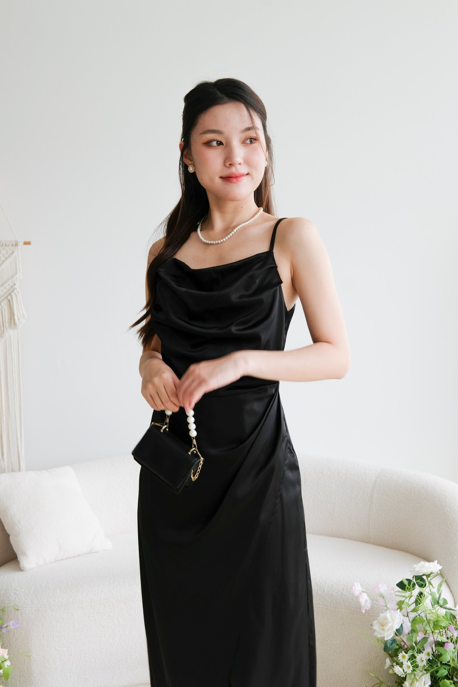 Sheryl Draped Satin Maxi Dress (Black)