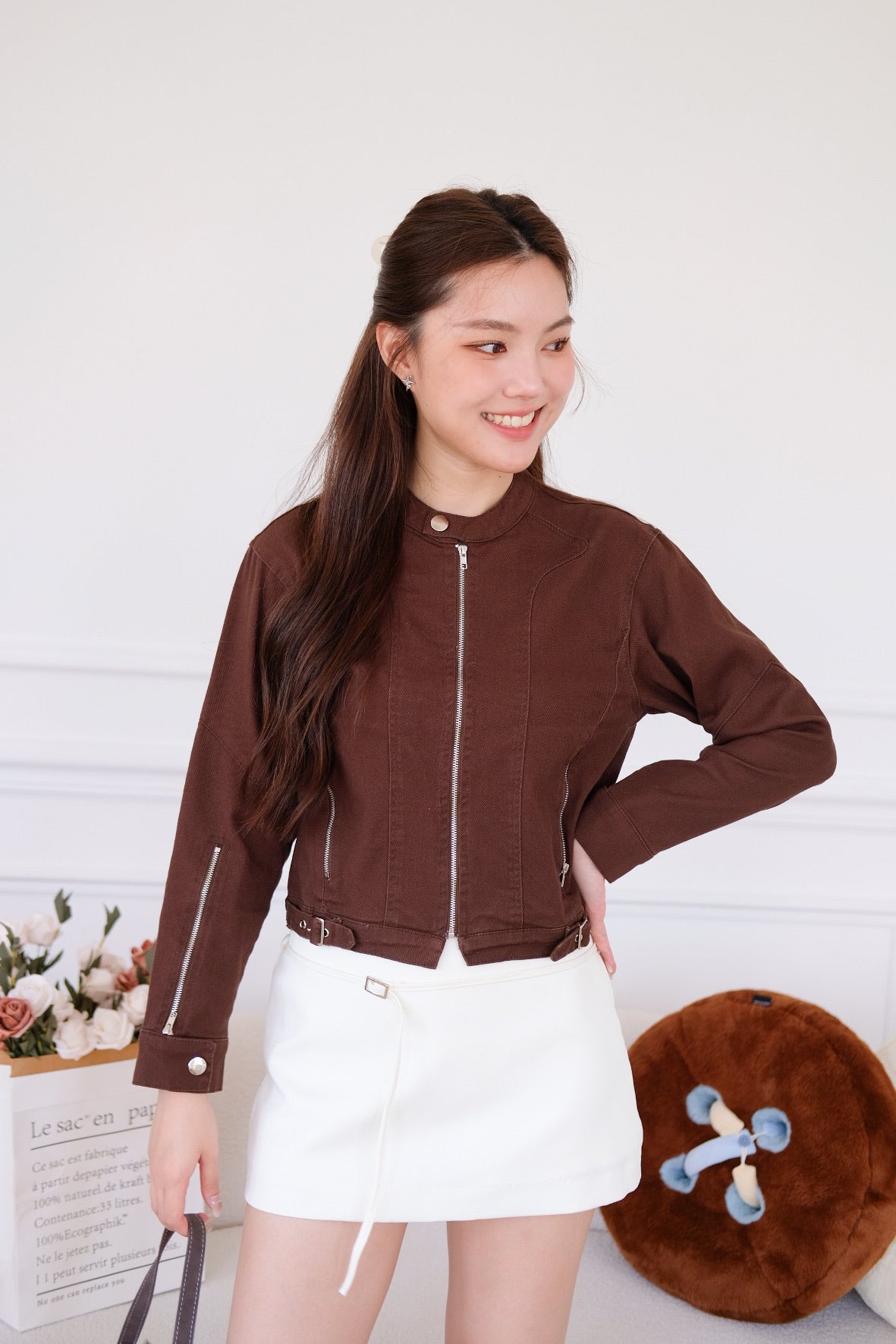 Maren Zip Cropped Denim Jacket (Mocha)