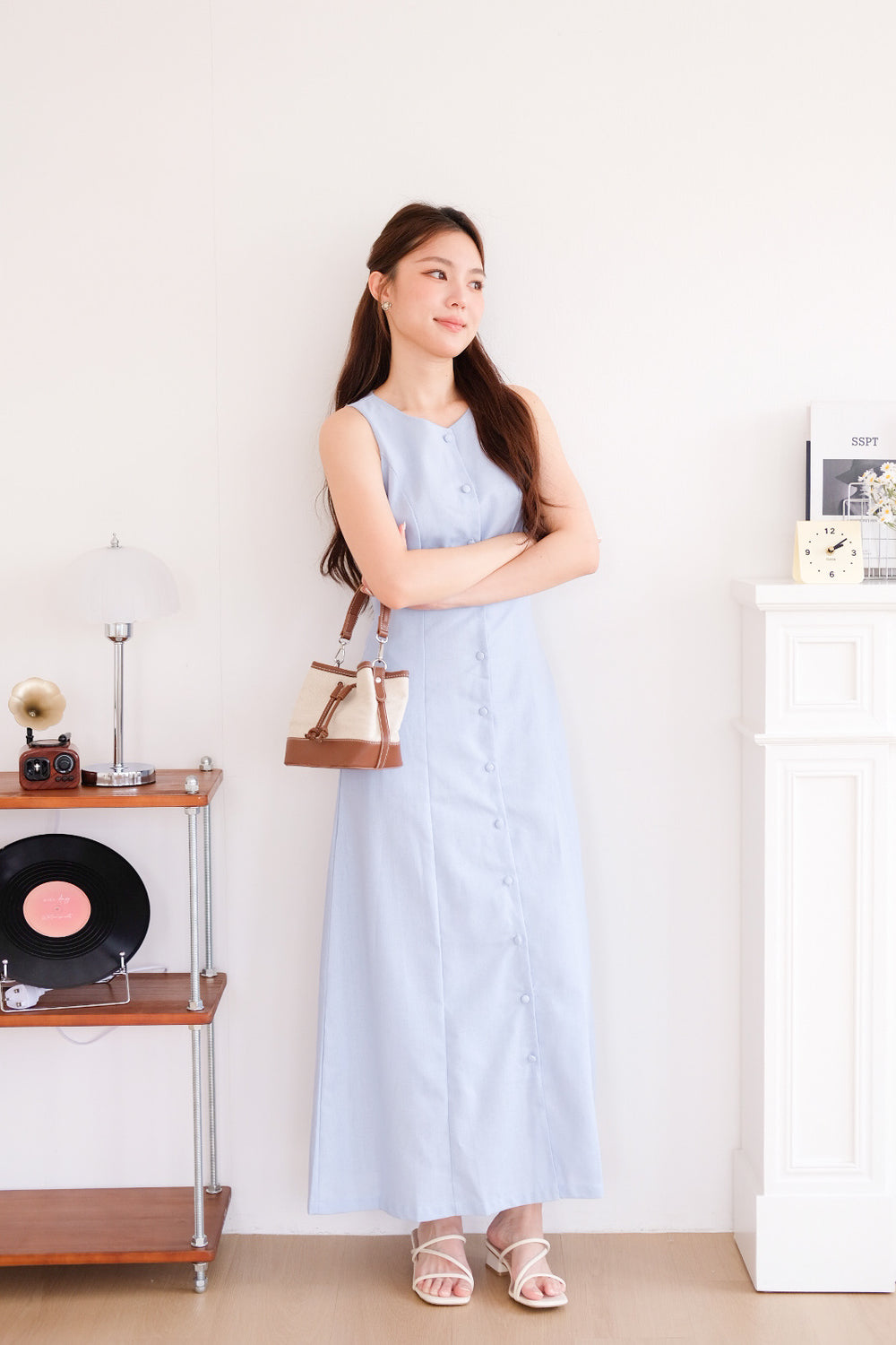 Arlette Button Linen Maxi Dress (Sky Blue)