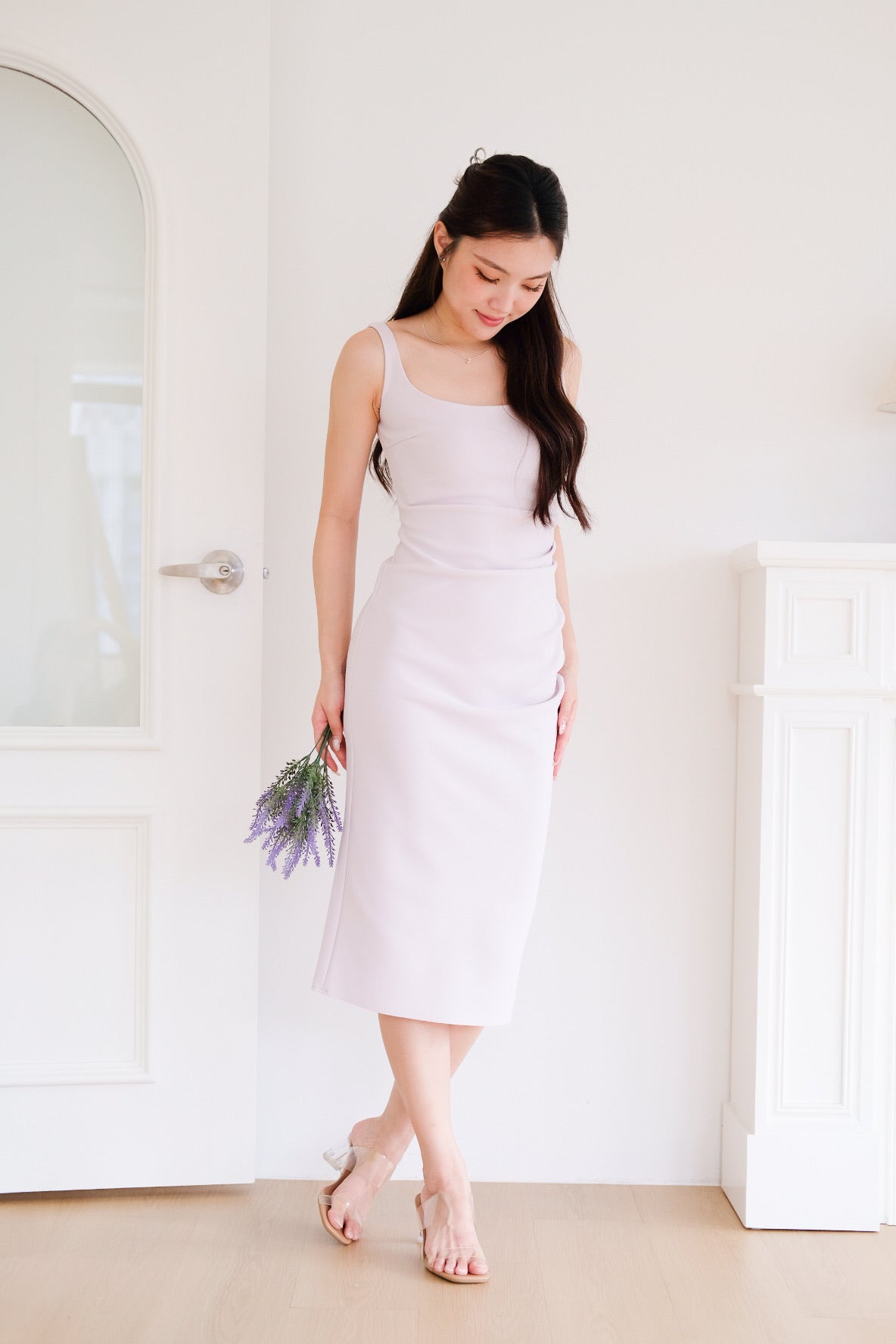 Claude Ruched Slim Fit Midi Dress (Pastel Purple)