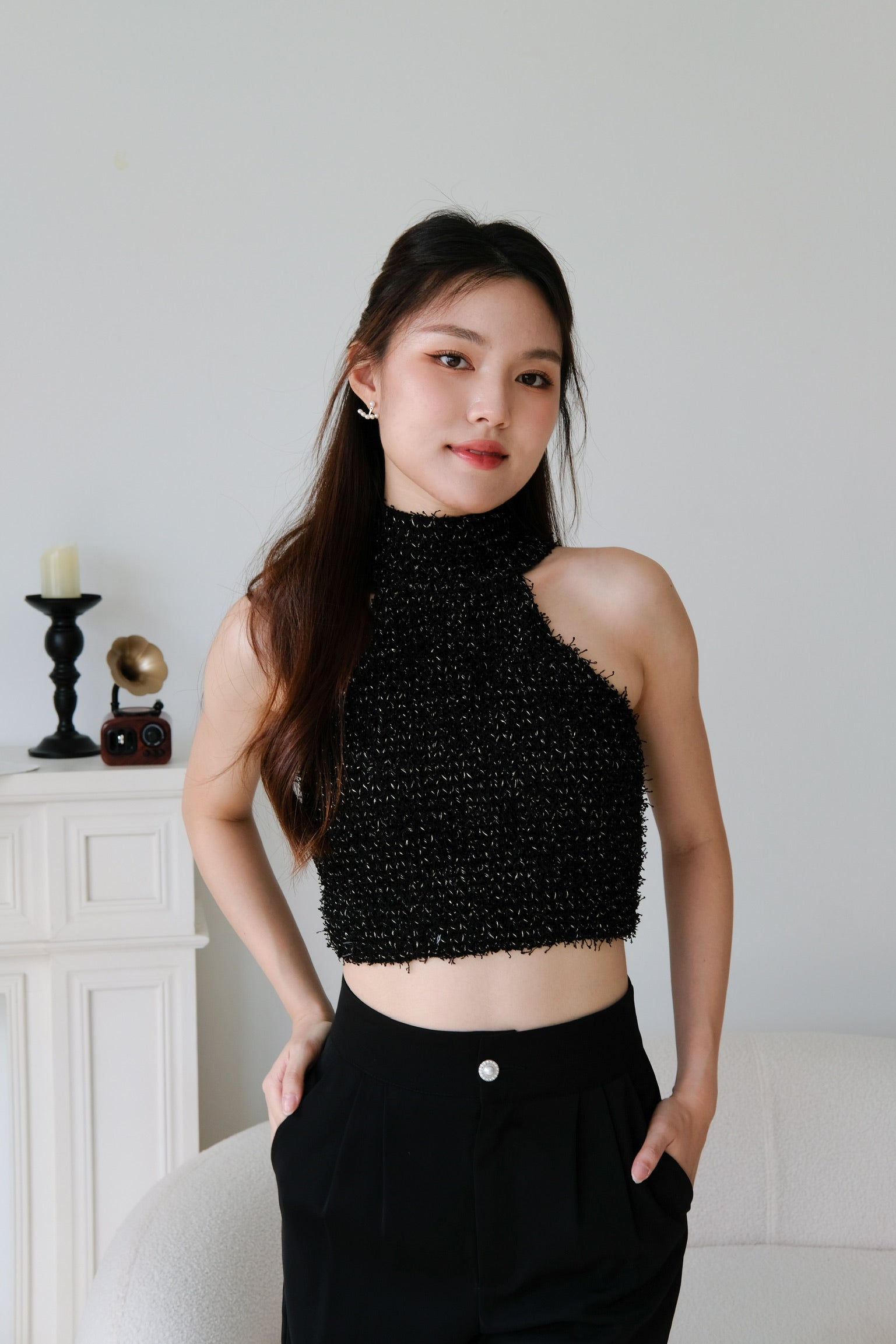 Hana Halter Tweed Crop (Black)