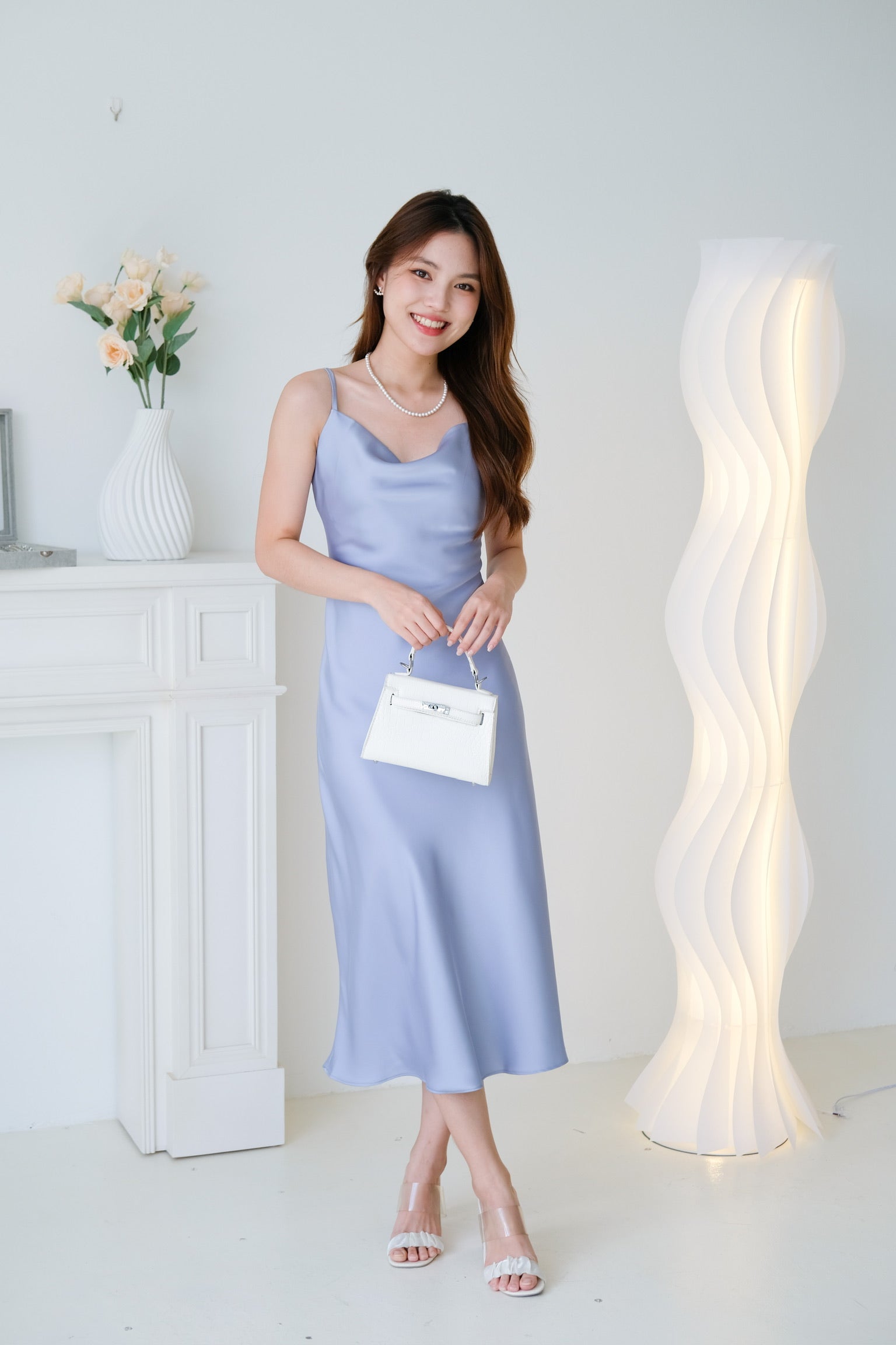 Elara Draped Satin Slip Dress (Frost Blue)