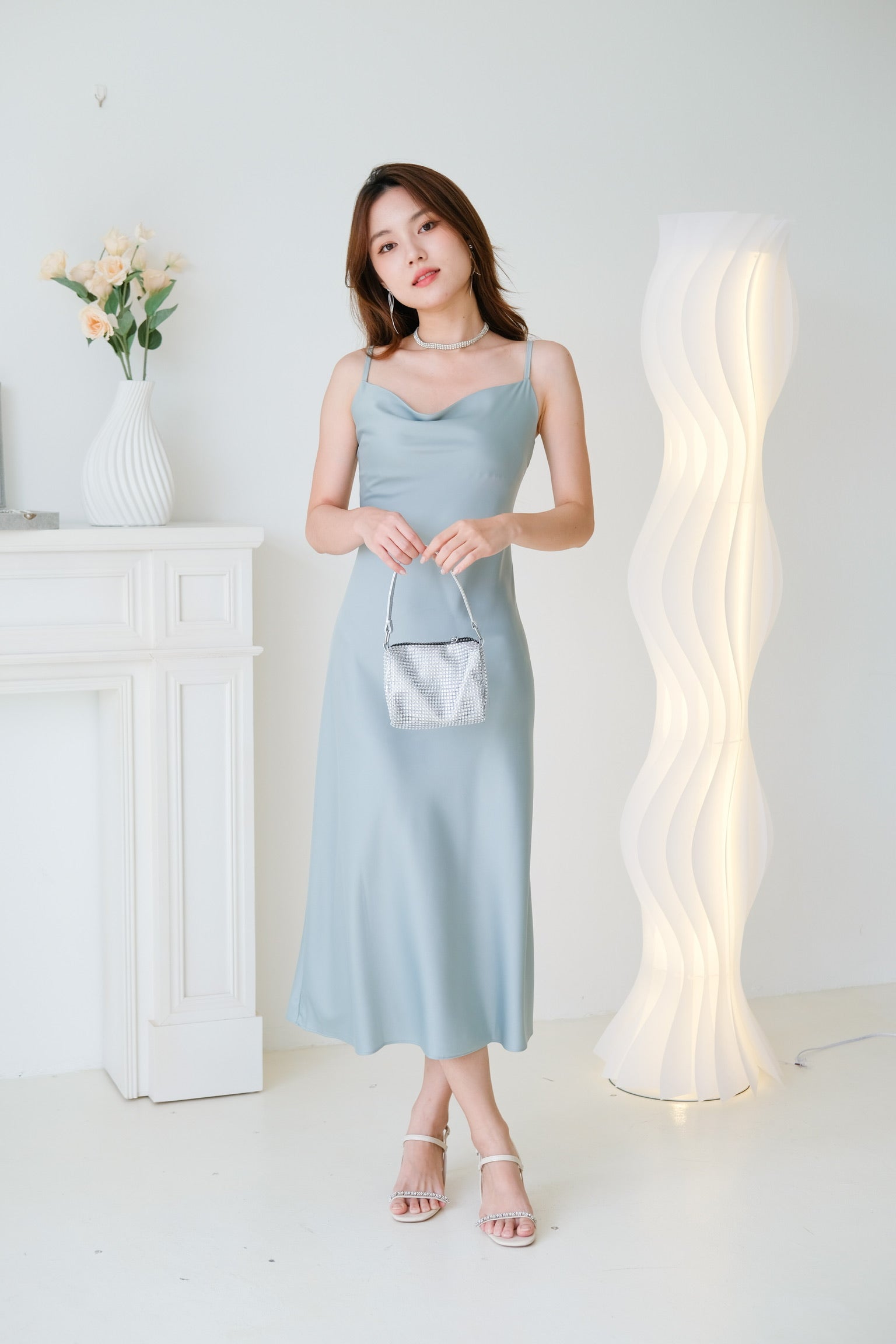 Elara Draped Satin Slip Dress (Sea Salt Green)