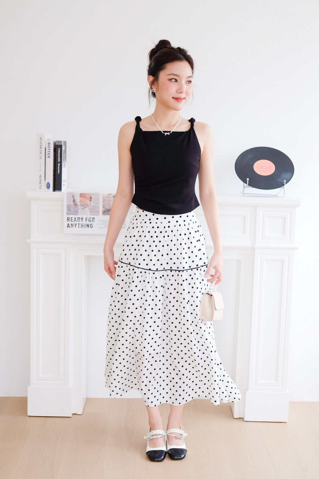 Alva Vintage Contrast A Line Skirt (Polka White)