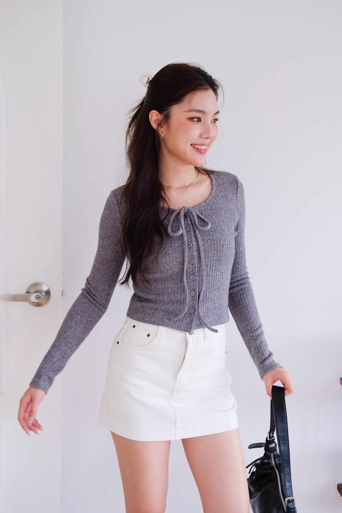 Coco Ribbon Long Sleeve Knit Top (Grey)