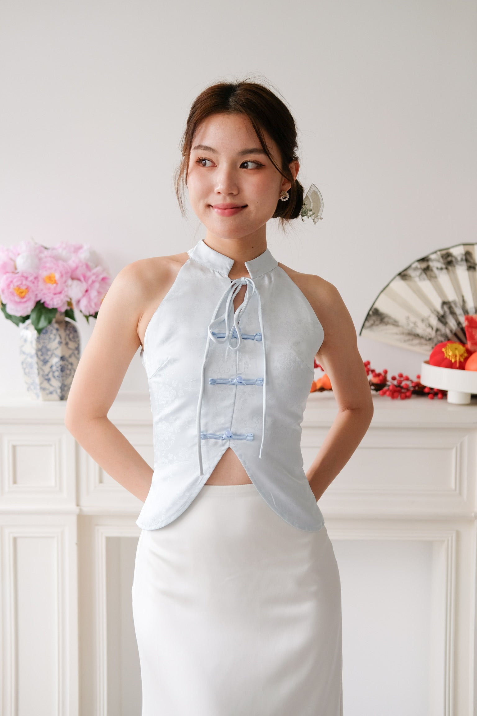 Ning Xia Ribbon Cheongsam Top (Sky Blue)
