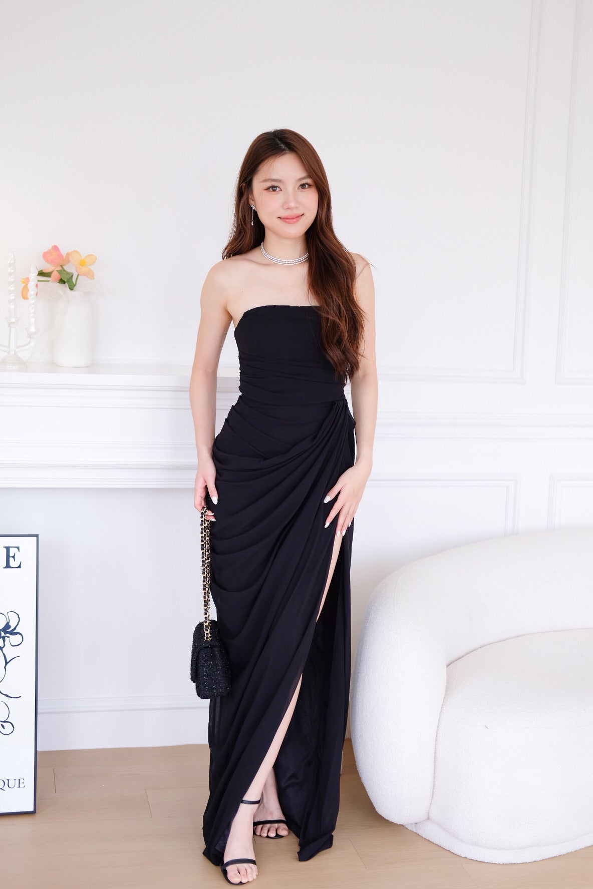 Seraphina Tube Corset Slit Maxi Dress (Black)