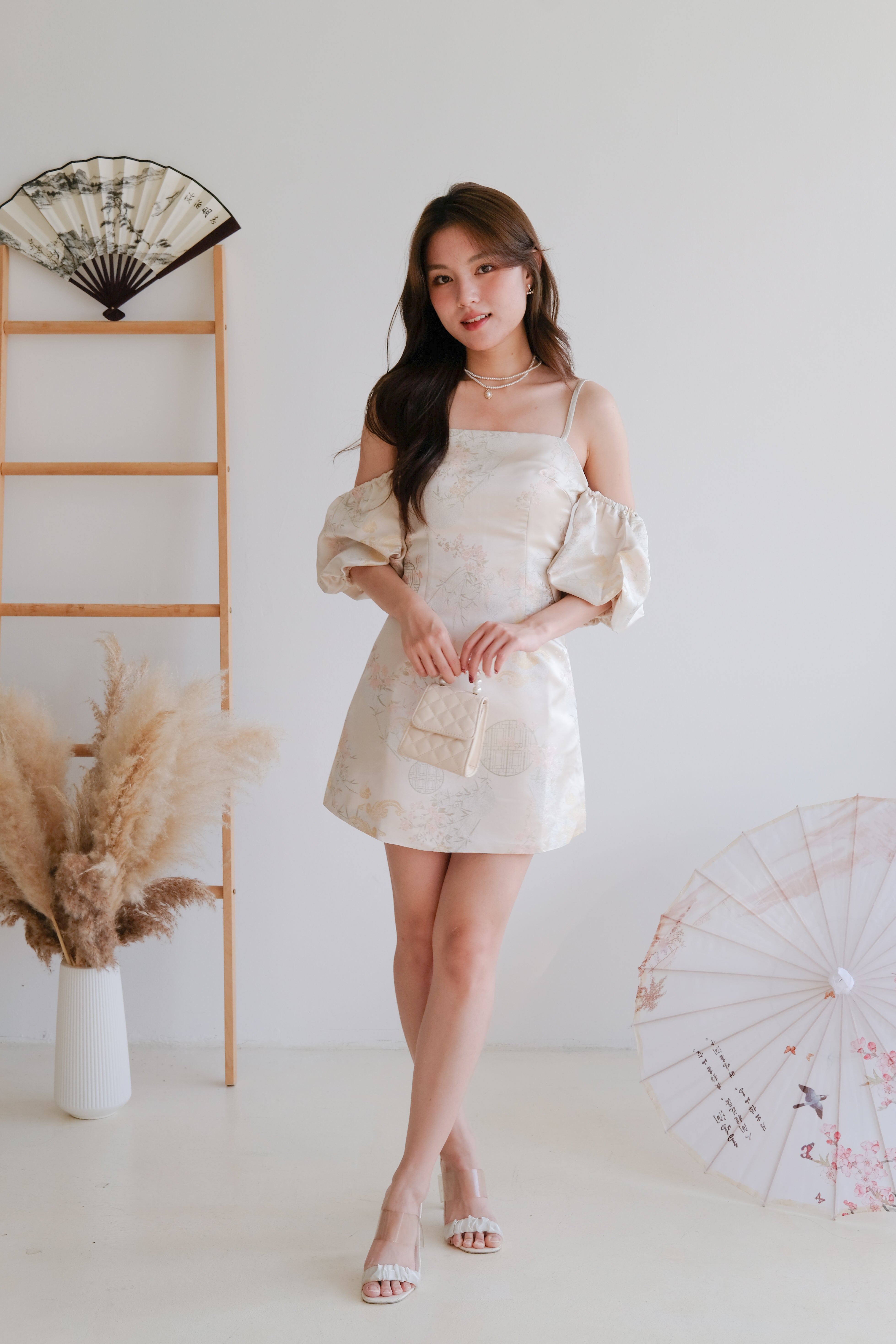 Ya Yun Tropical Cold Shoulder Dress (Champagne)