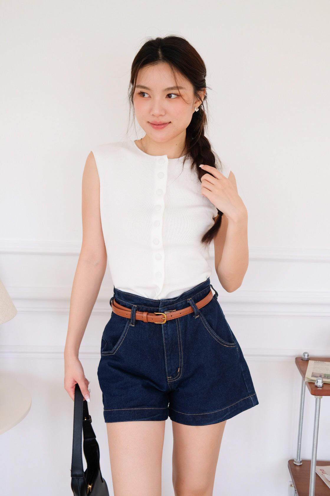 Hudson Belted High Waist Denim Shorts (Dark Blue)