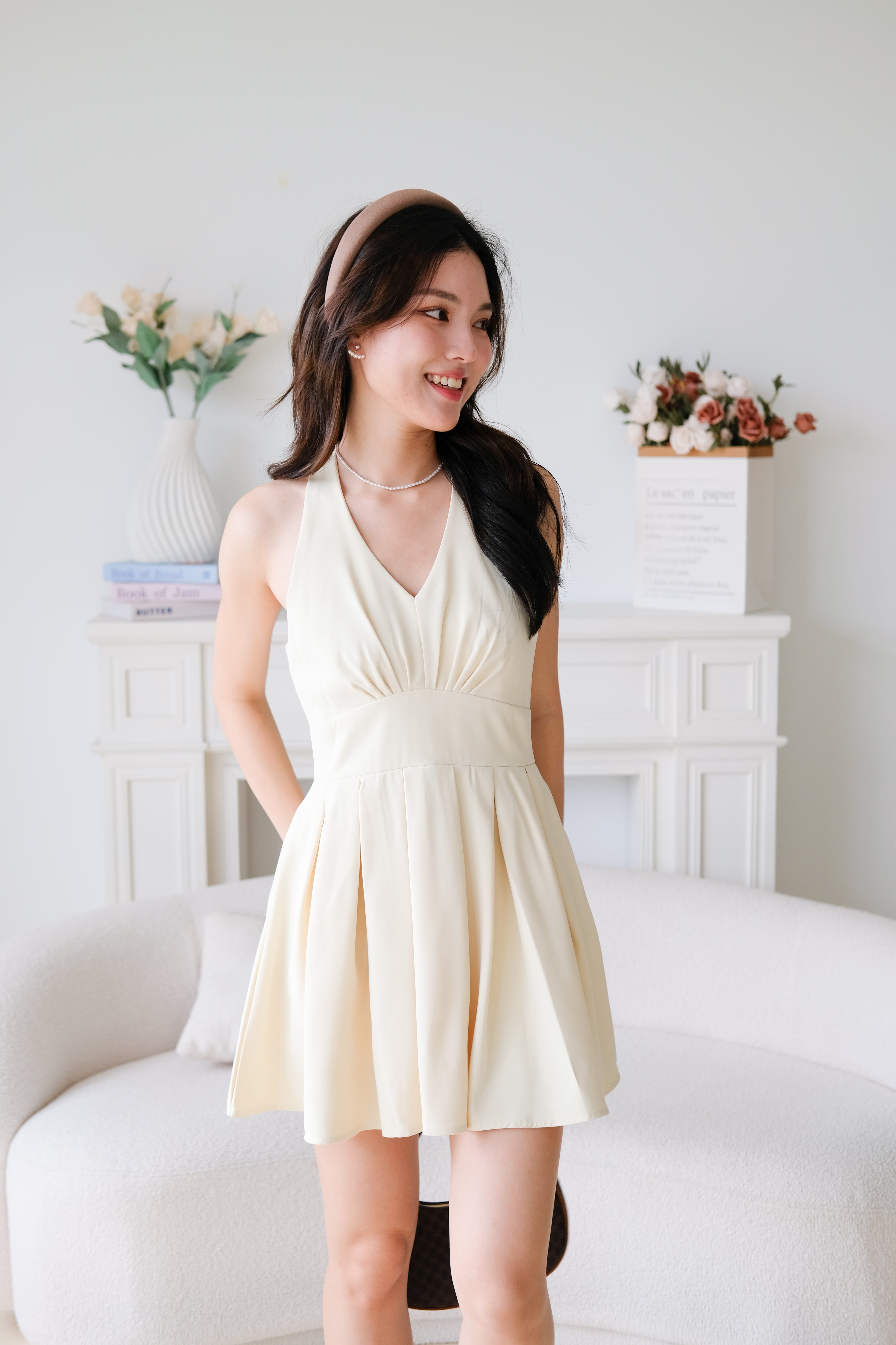 Moon Halter Pleat Dress (Buttermilk Yellow)