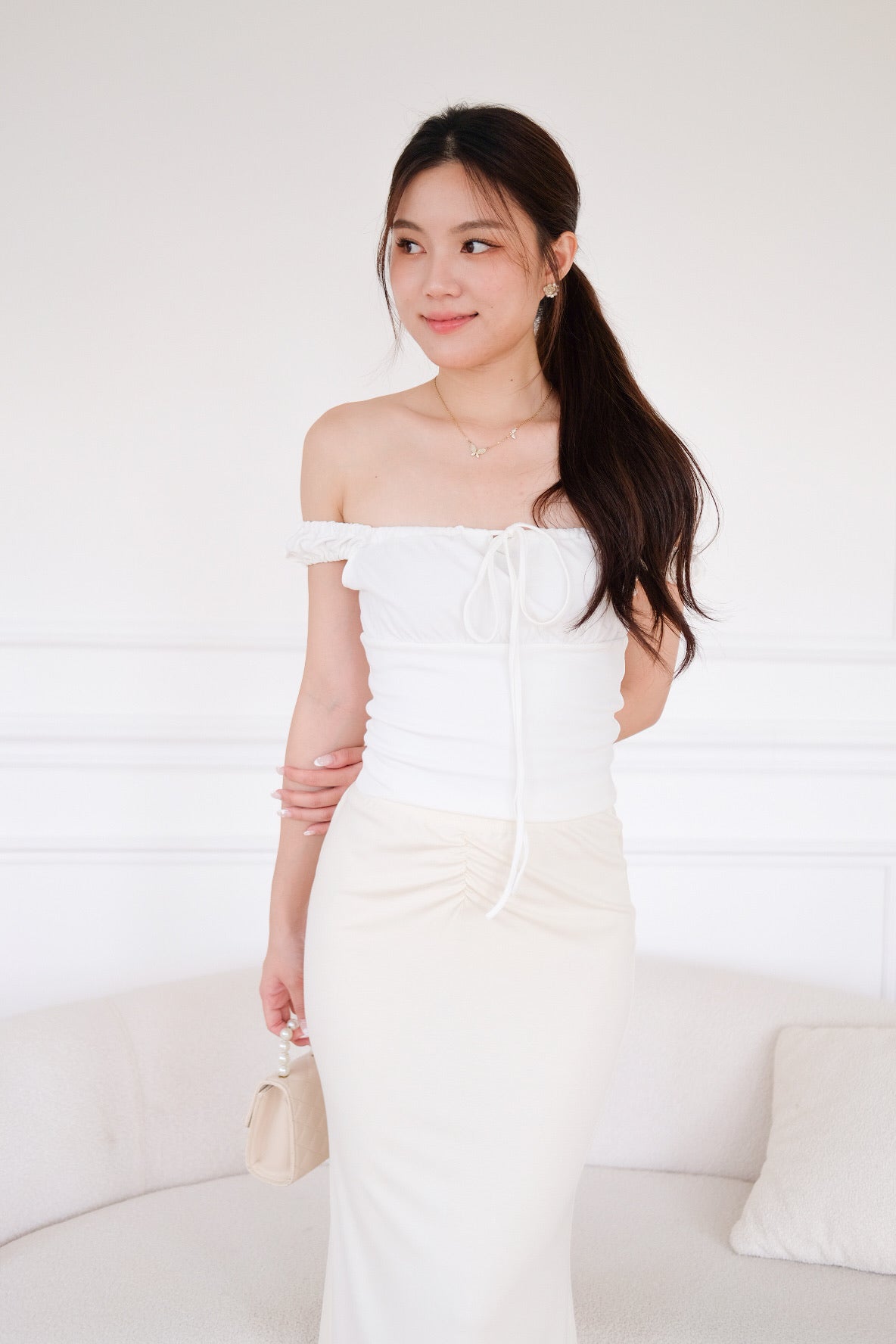 Kimmy Ruched Off Shoulder Crop Top (White)