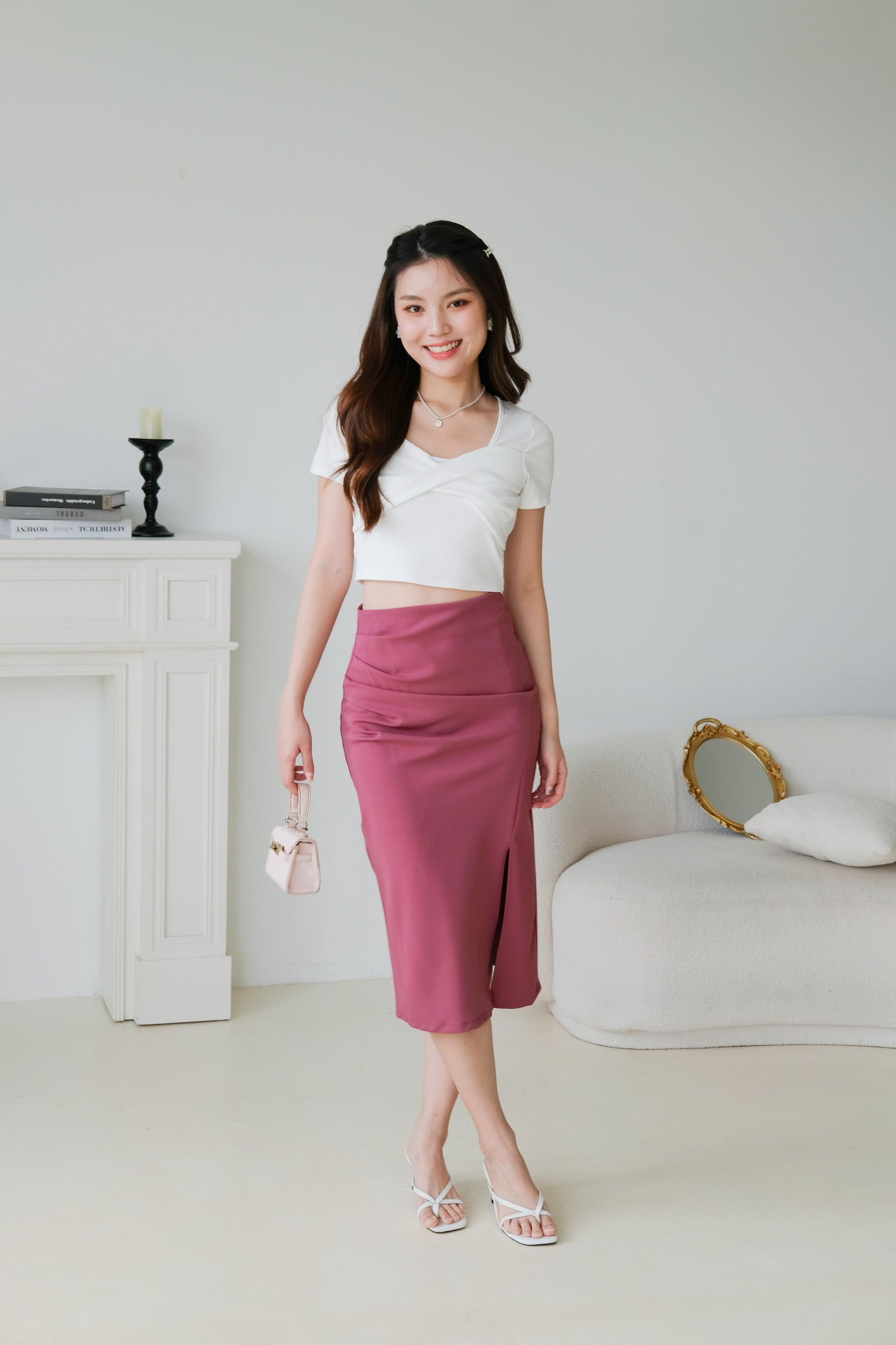 Adaline Ruched Side Slit Midi Skirt (Rouge Pink)