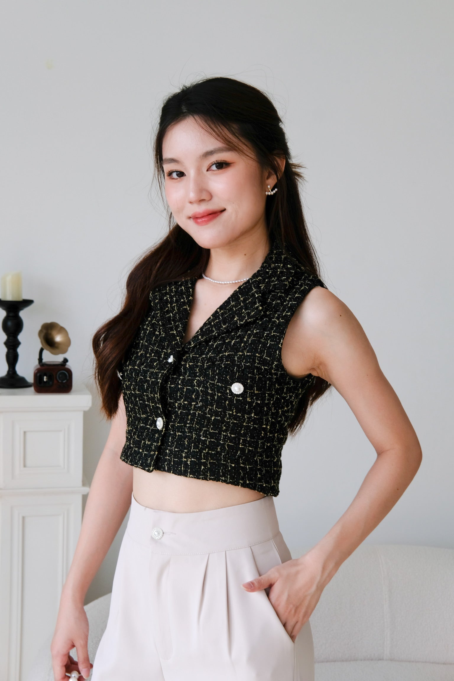 Meredith Tweed Vest Top (Black)