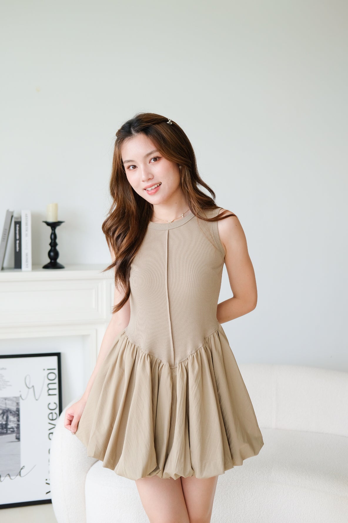 Carmen Ribbed Bubble Dress (Olive)