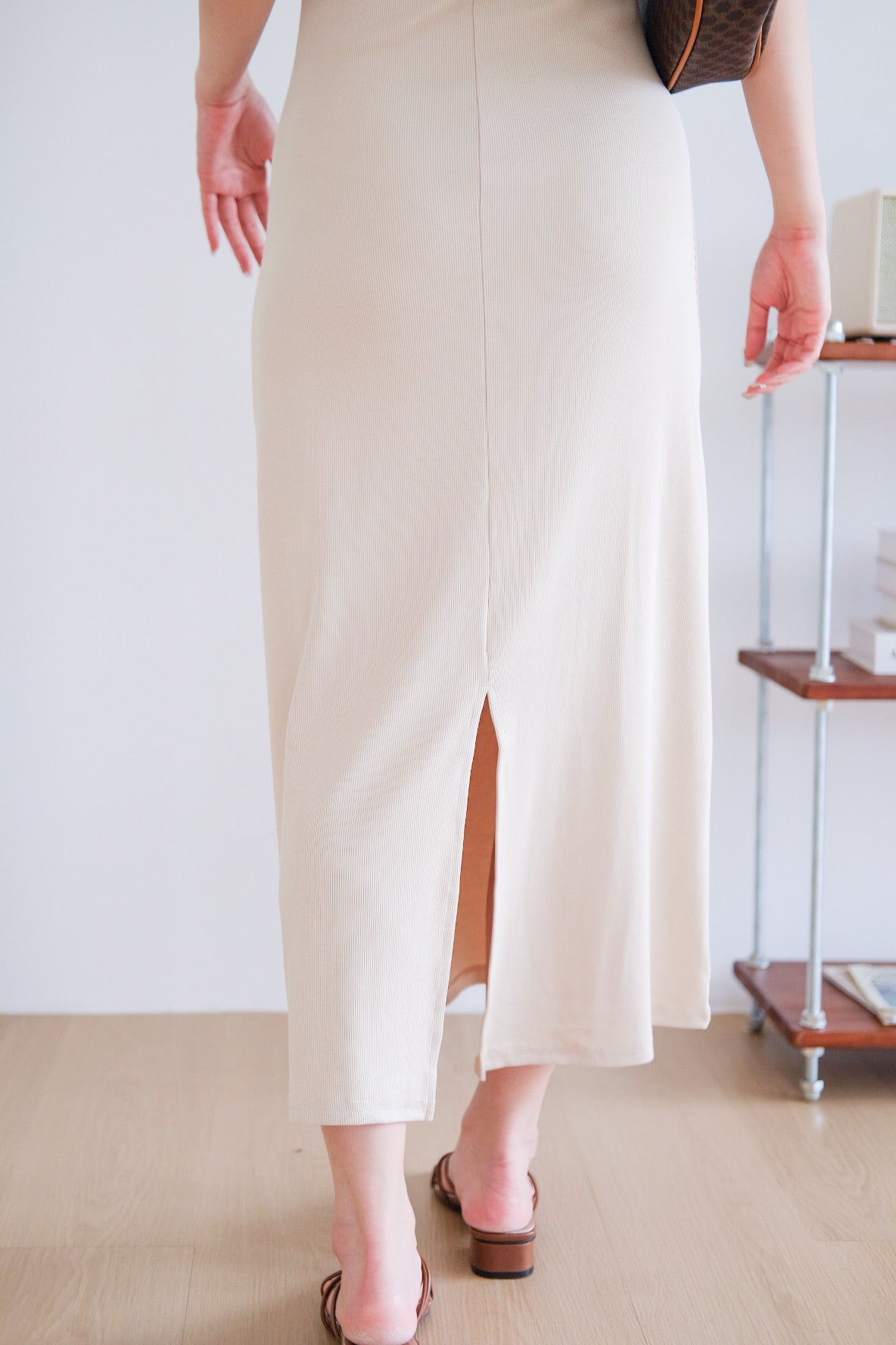 Jocelyn Padded Ribbed A Line Dress (Oat Beige)
