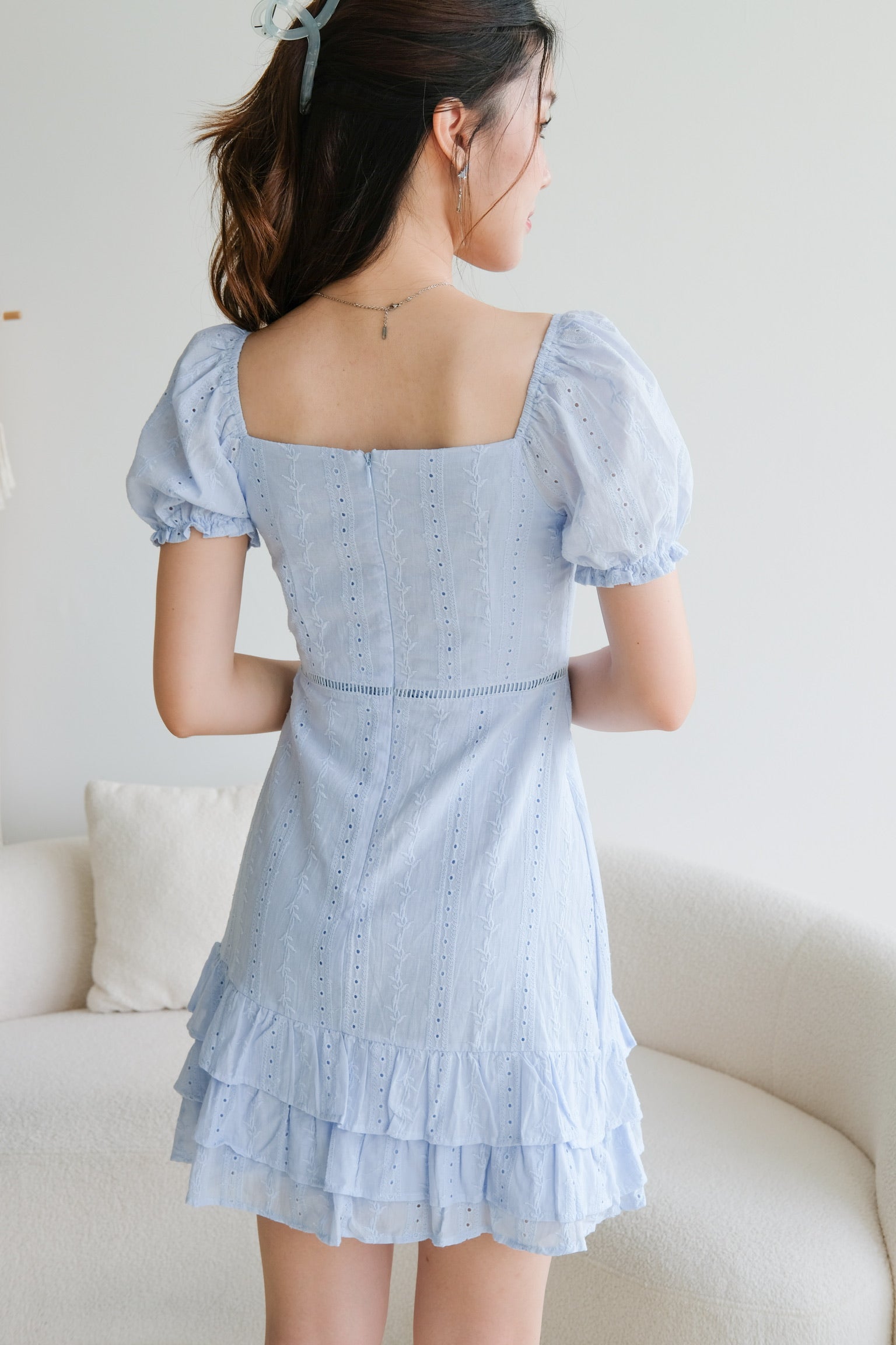 Evelyn Eyelet Ruffle Dress (Sea Blue)