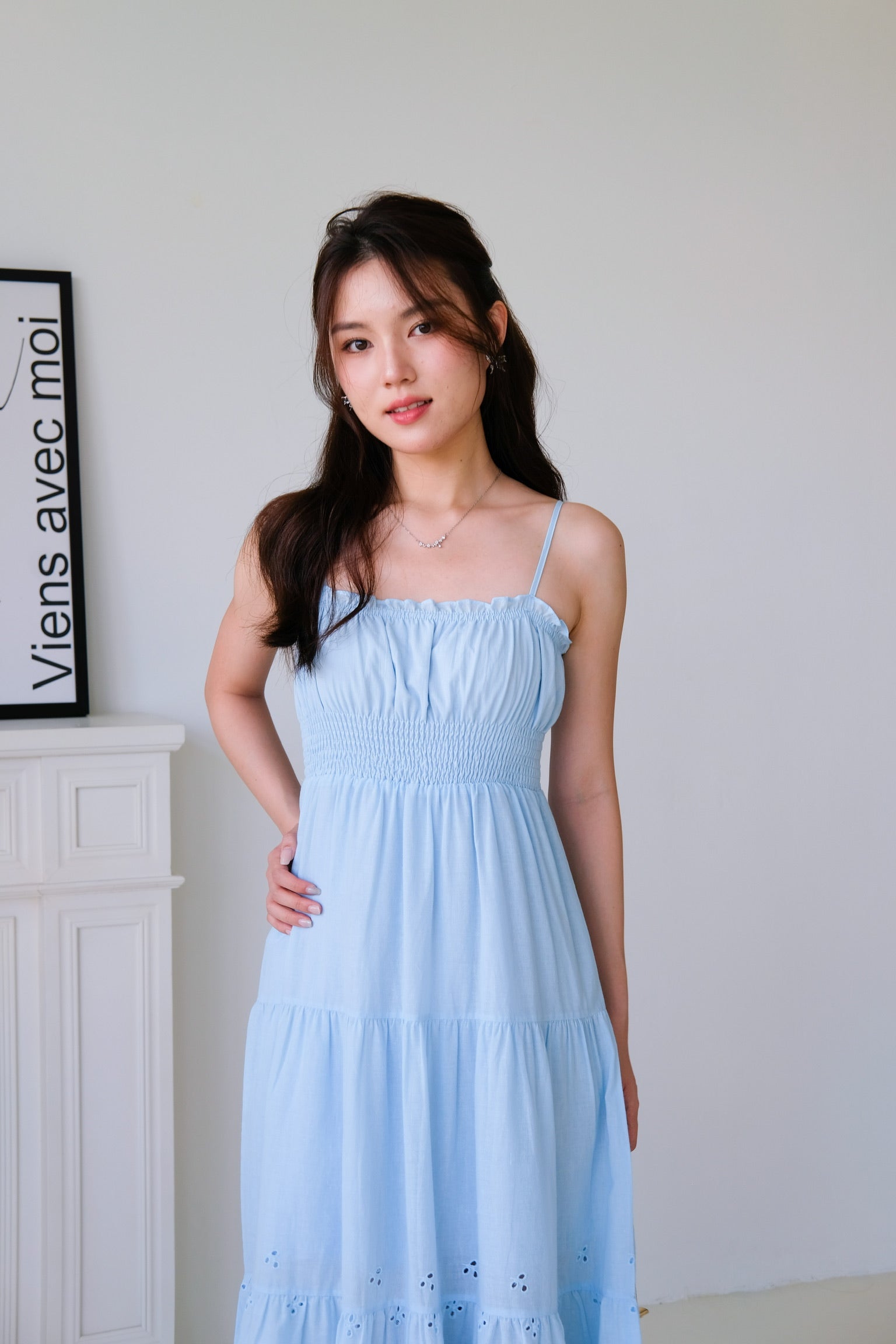 Adelaide Smocked Eyelet Maxi Dress (Sea Blue)