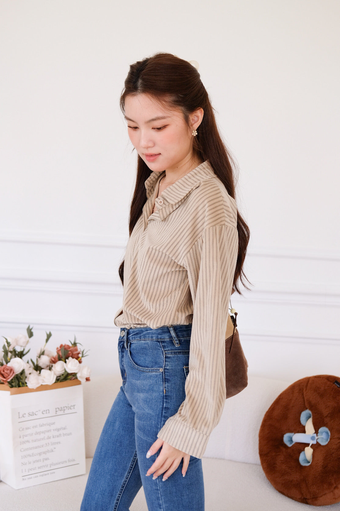Henley Pinstripe Suede Shirt (Khaki)