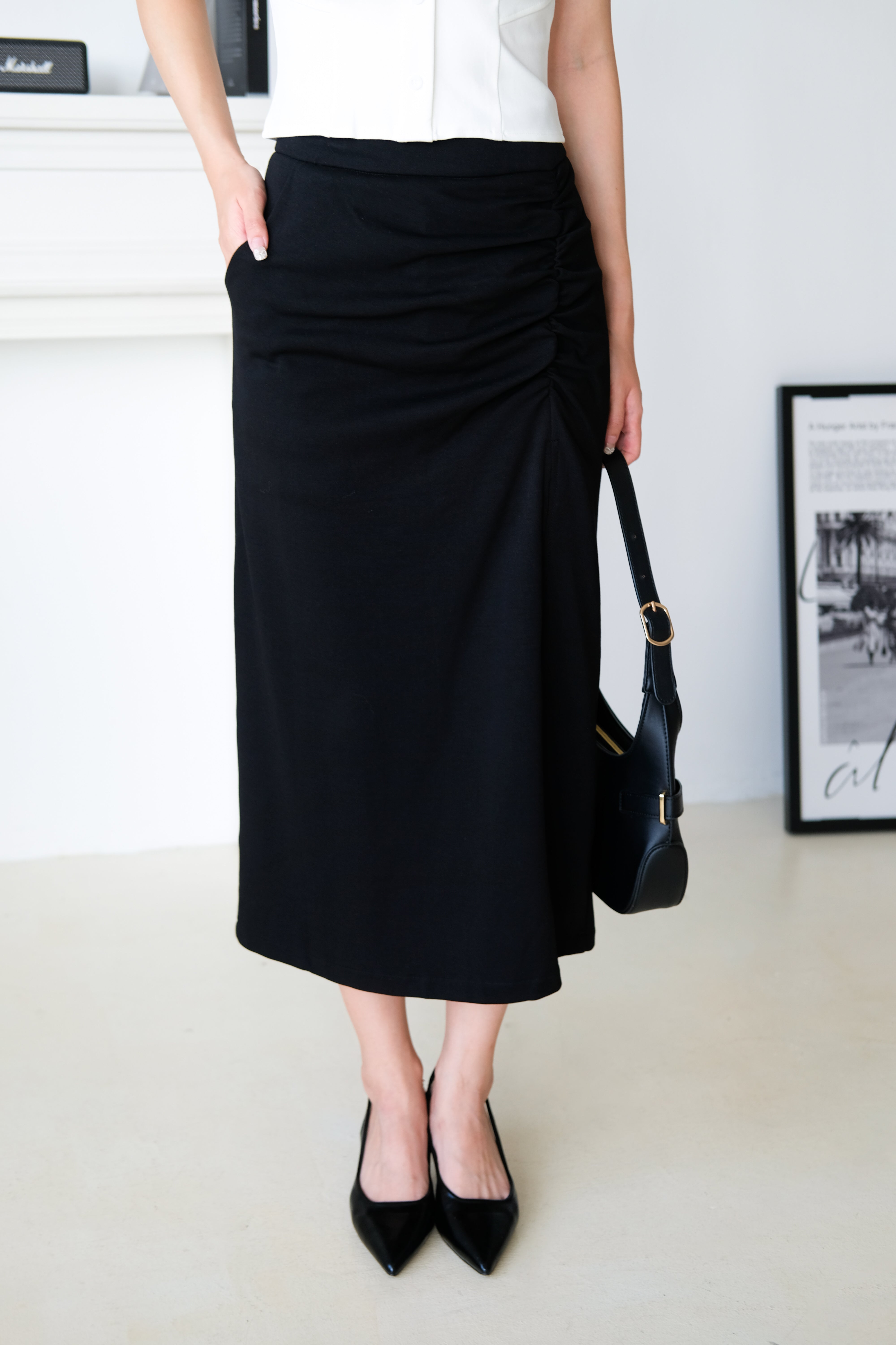 Vera Ruched Side Slit Midi Skirt (Black)