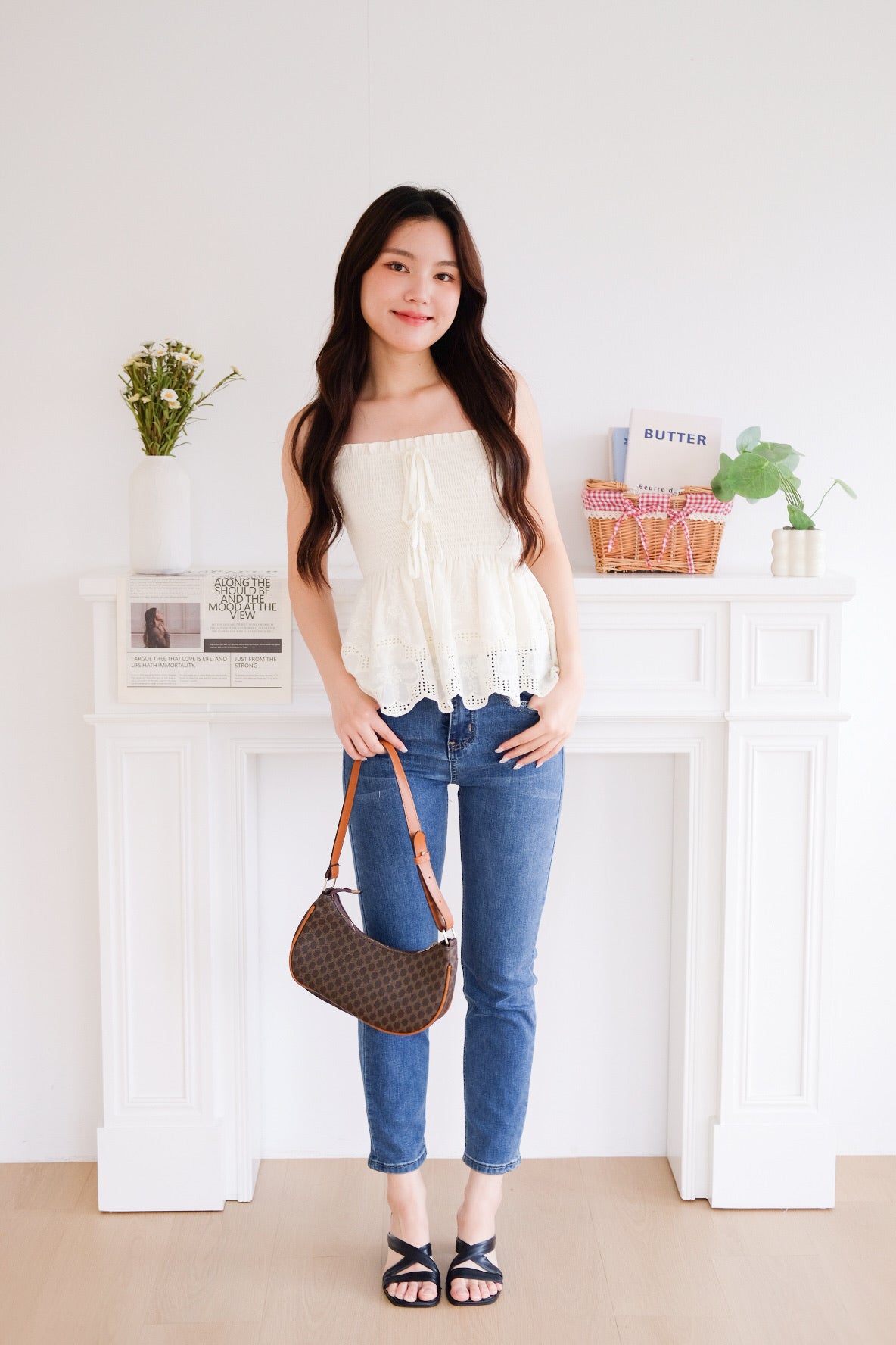 Selina Smocked Ribbon Eyelet Top (Light Yellow)
