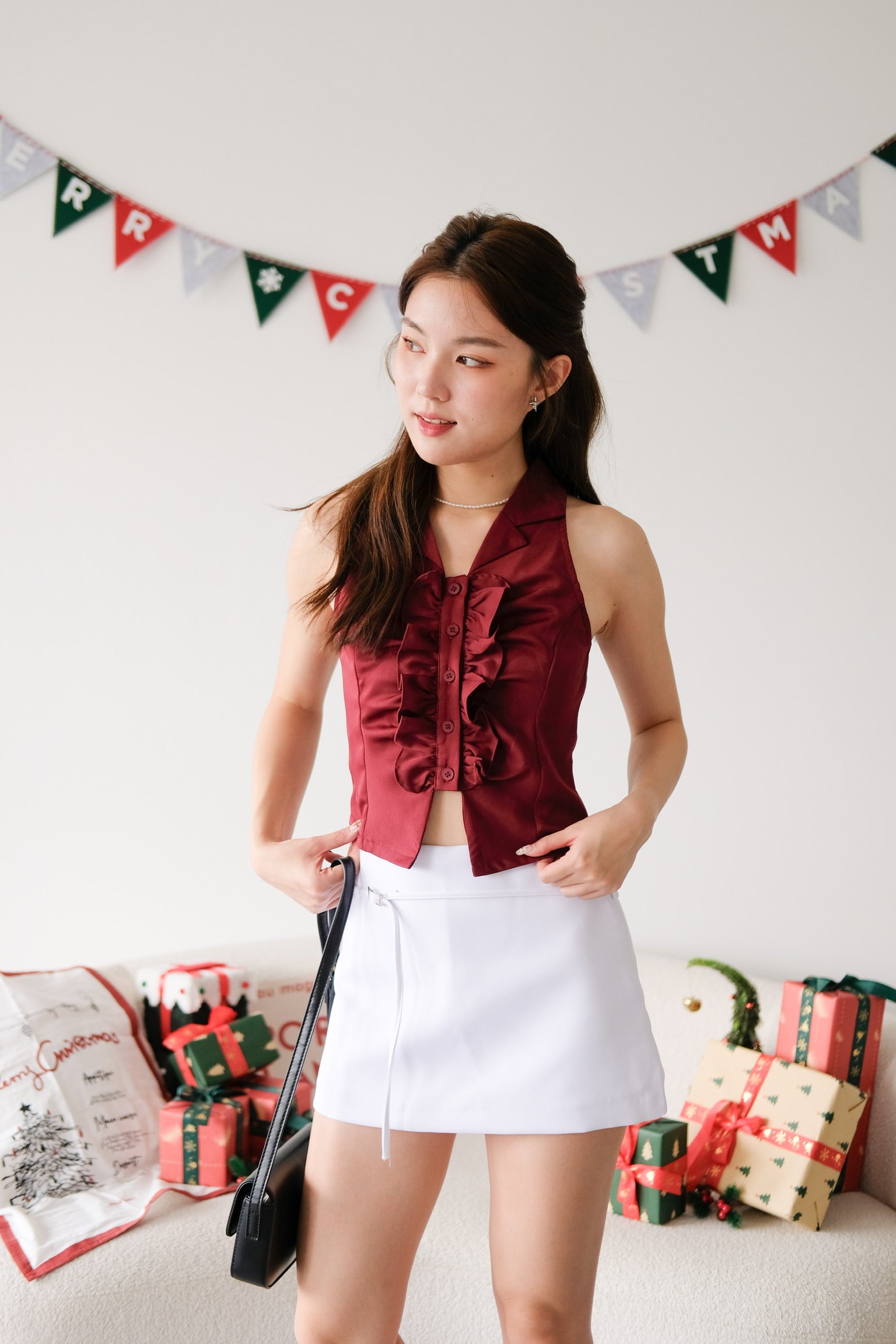 Naru Ruffle Collared Crop Top (Maroon)